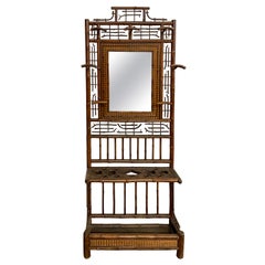 19th-C. English Burnt Bamboo Hall Tree W/ Mirror / Coat Rack / Umbrella Stand