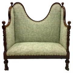 19th-C. English Carved Edwardian Style Settee In Green Linen