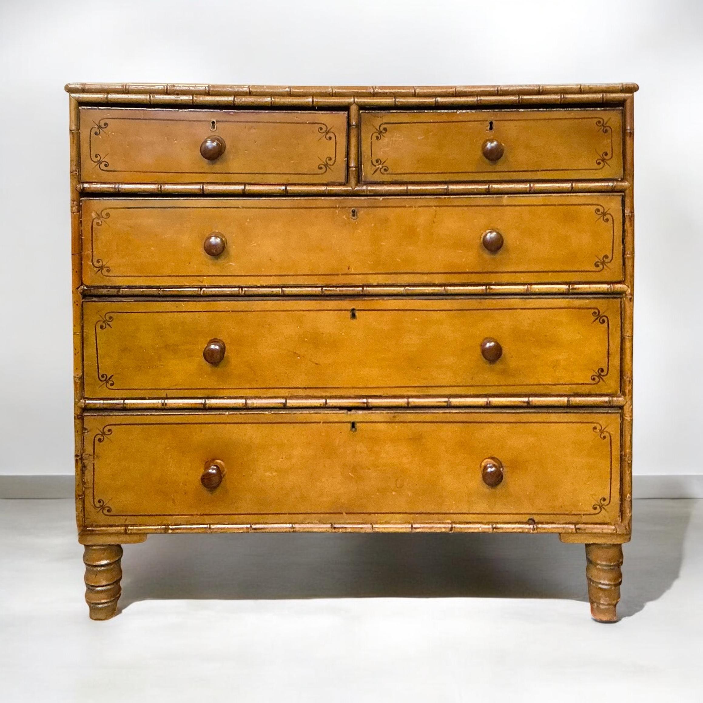 19th-C. English Carved & Painted Pine Faux Bamboo Tall Chest of Drawers For Sale 5