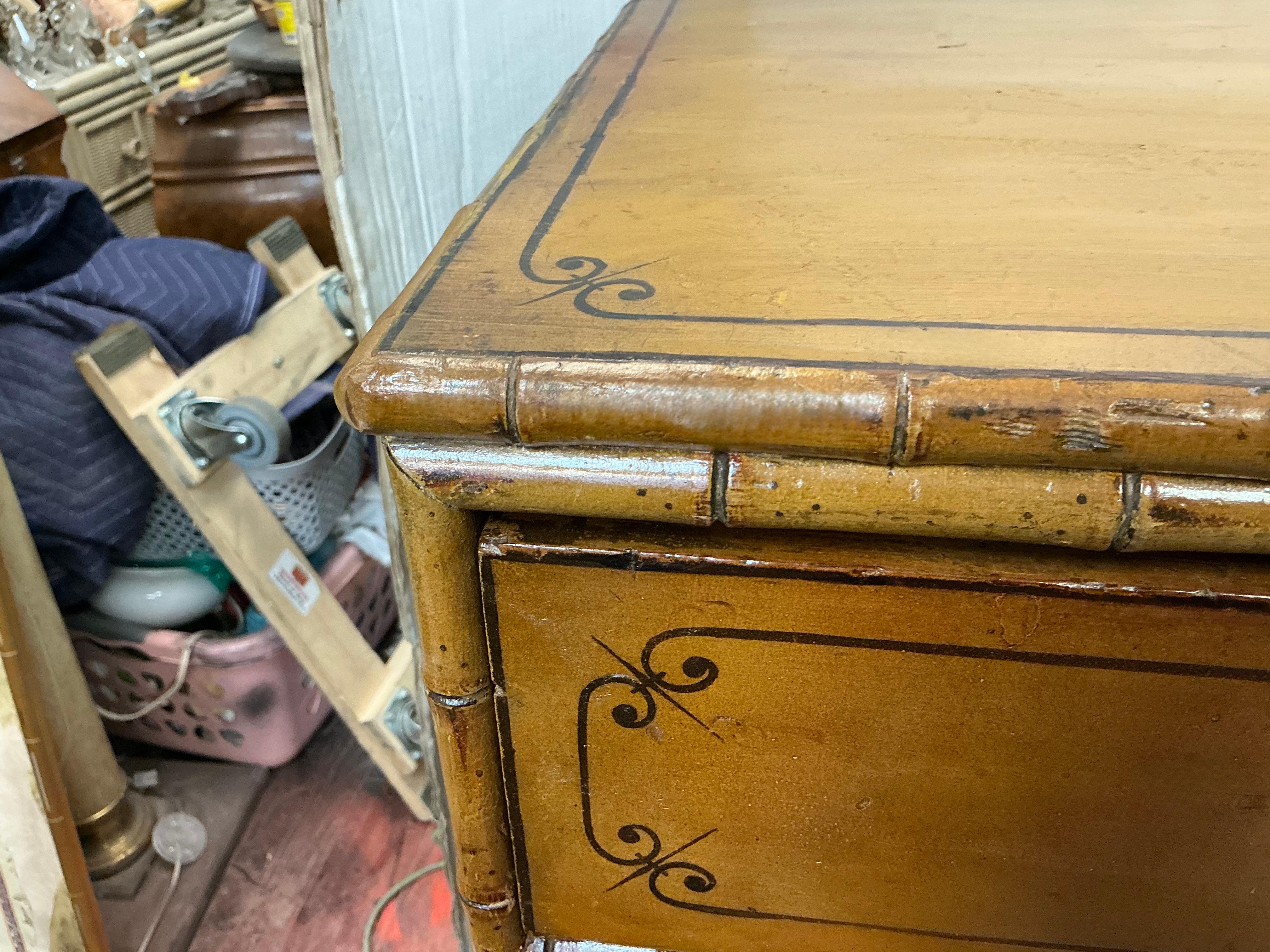 19th-C. English Carved & Painted Pine Faux Bamboo Tall Chest of Drawers For Sale 2