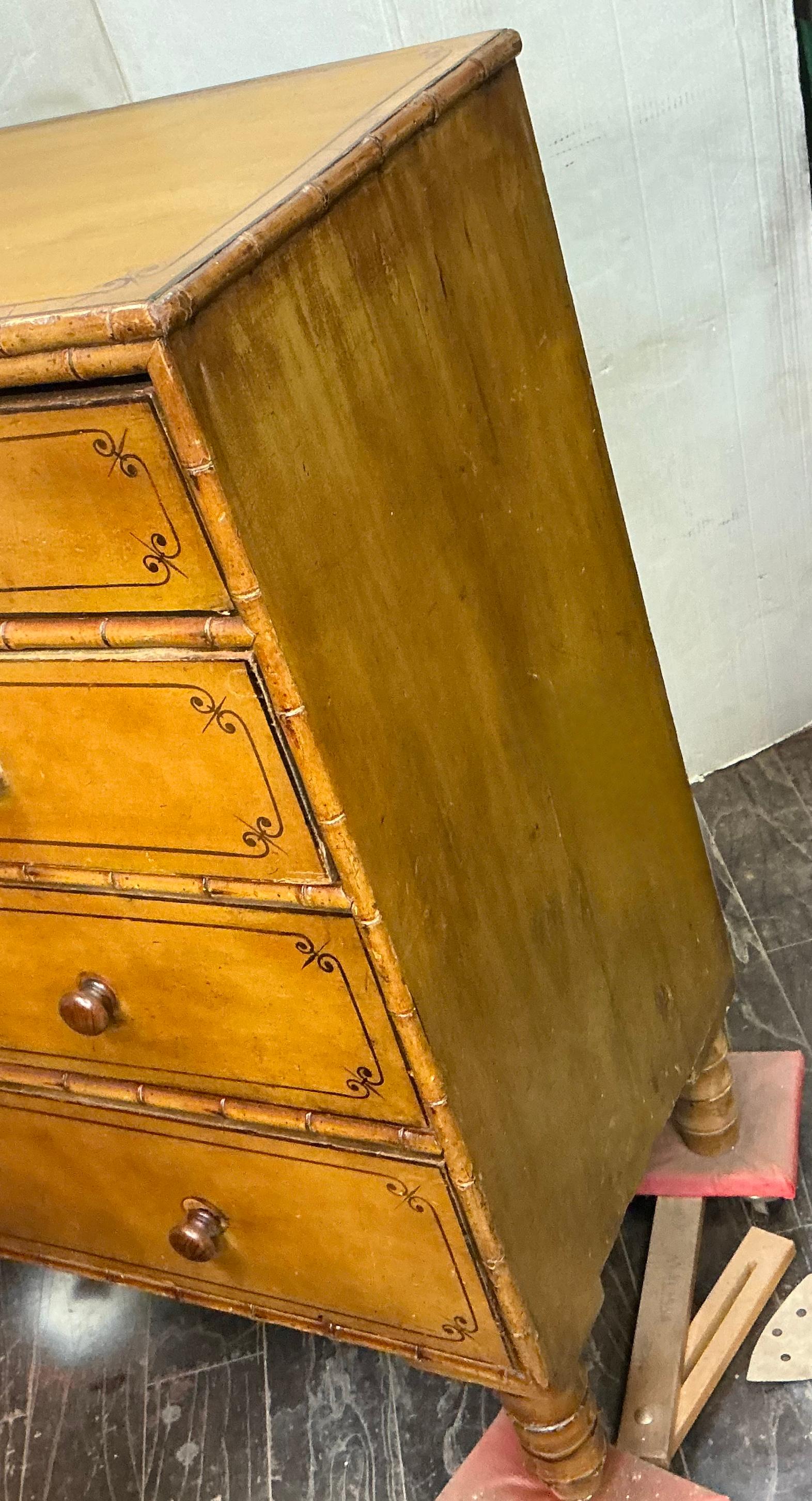 19th-C. English Carved & Painted Pine Faux Bamboo Tall Chest of Drawers For Sale 3