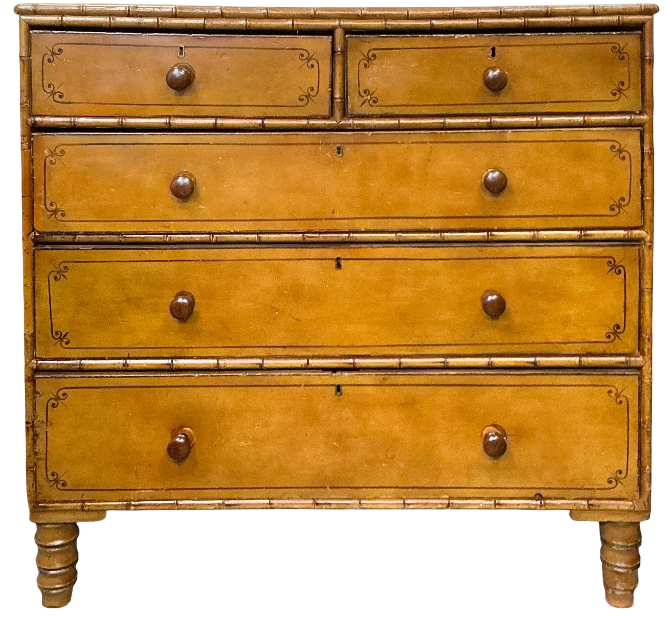 19th-C. English Carved & Painted Pine Faux Bamboo Tall Chest of Drawers For Sale 4