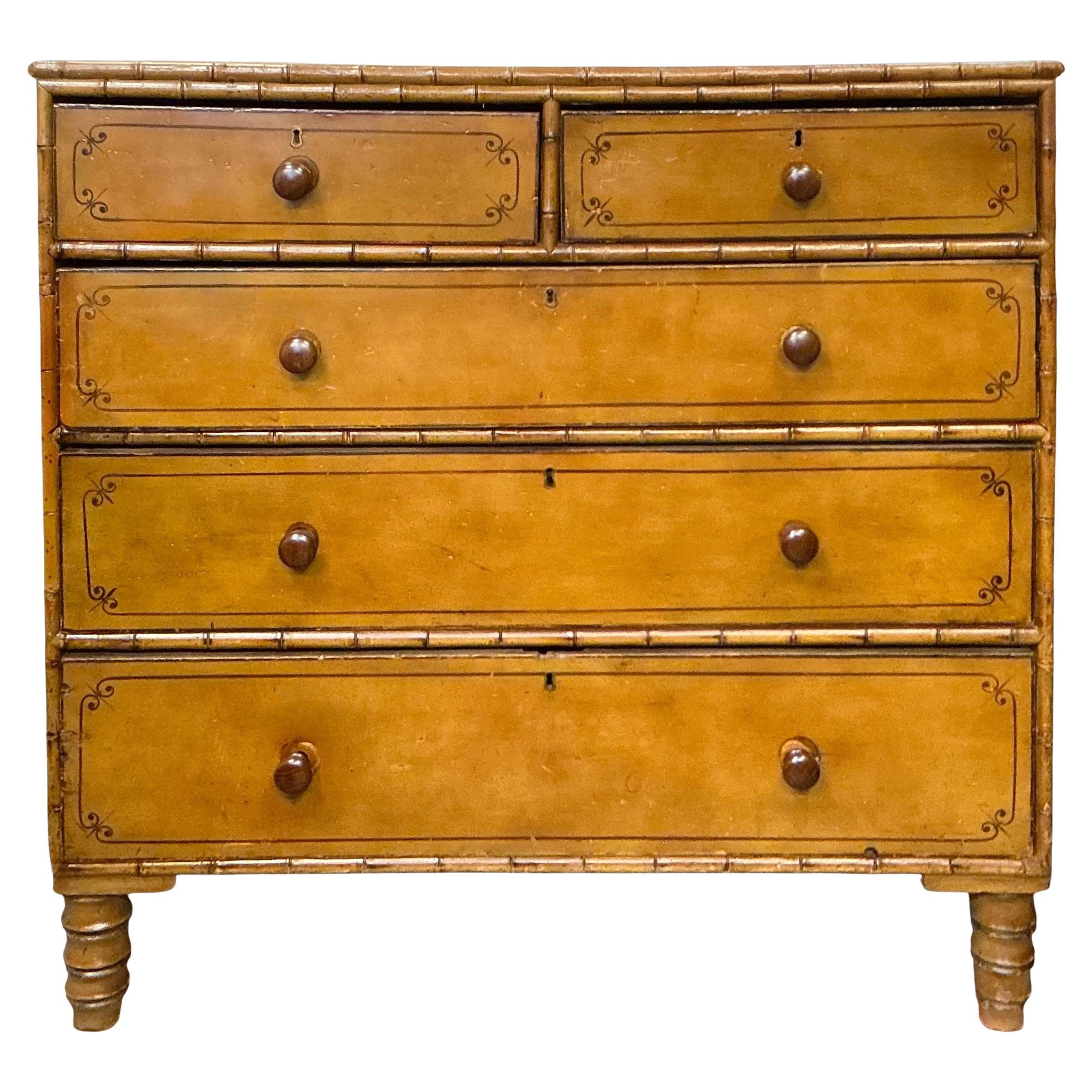 19th-C. English Carved & Painted Pine Faux Bamboo Tall Chest of Drawers For Sale
