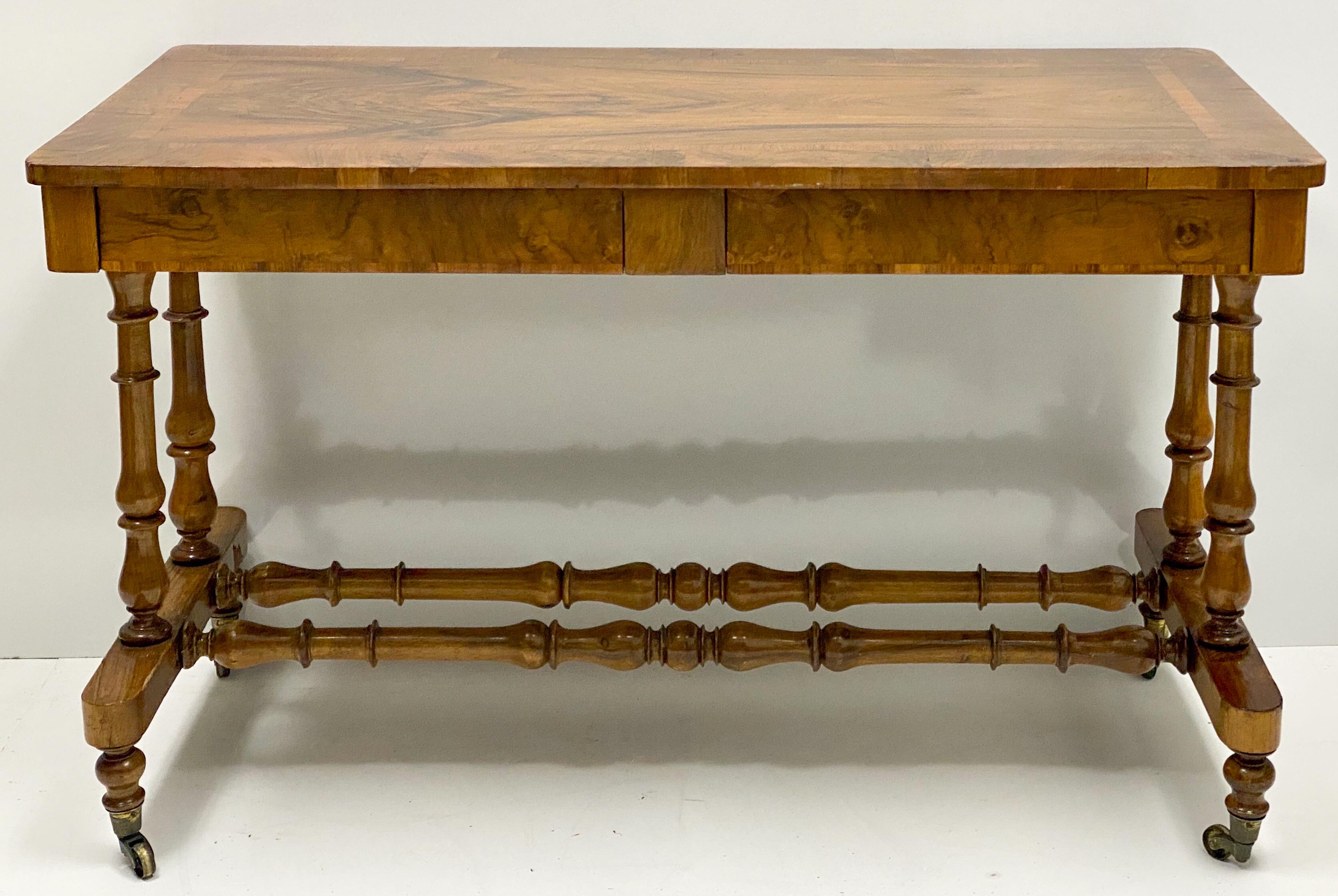 19th Century 19th-C. English Carved Walnut Turned Leg Writing Desk Or Console Table