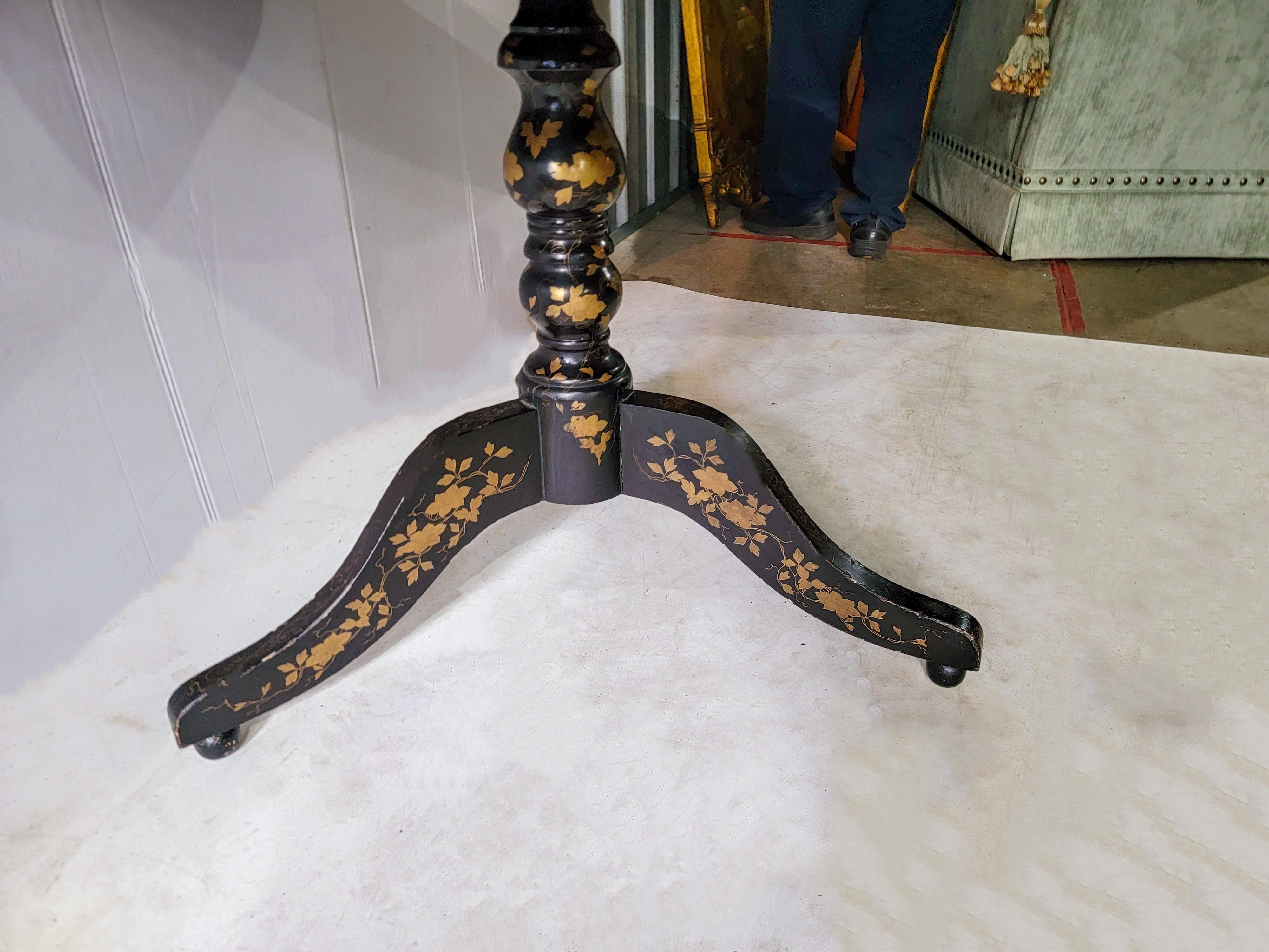 Wood 19th-C. English Chinoiserie Japanned Tilt- Top Dining / Center / Tea Table