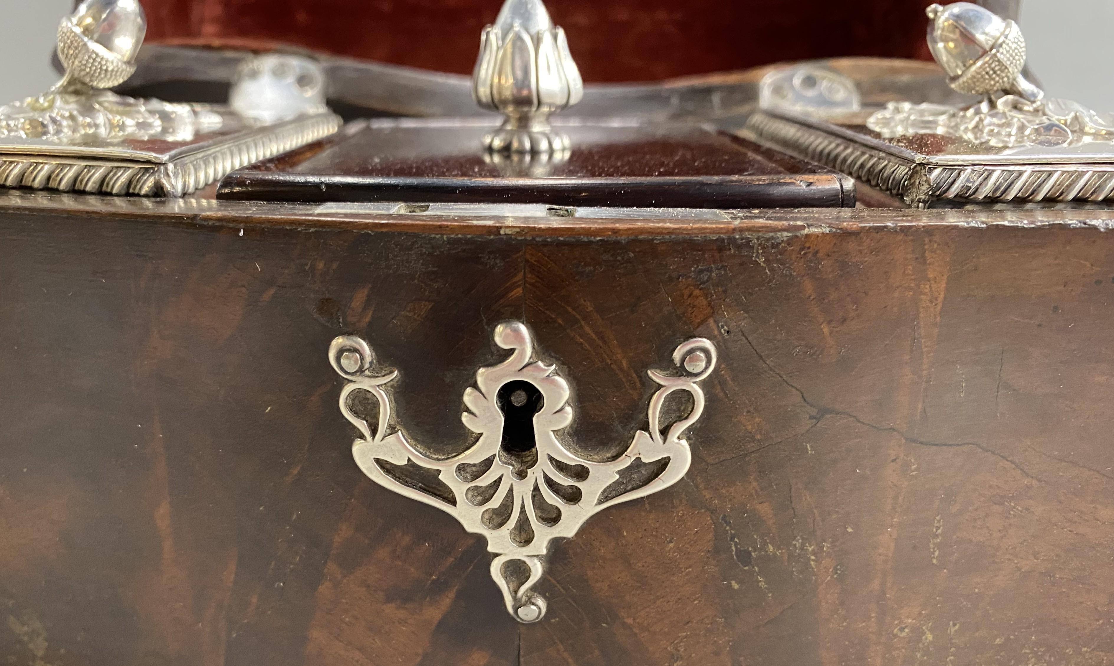 19th c English Chippendale Style Mahogany Tea Caddy with Silver Plate Tea Boxes For Sale 7