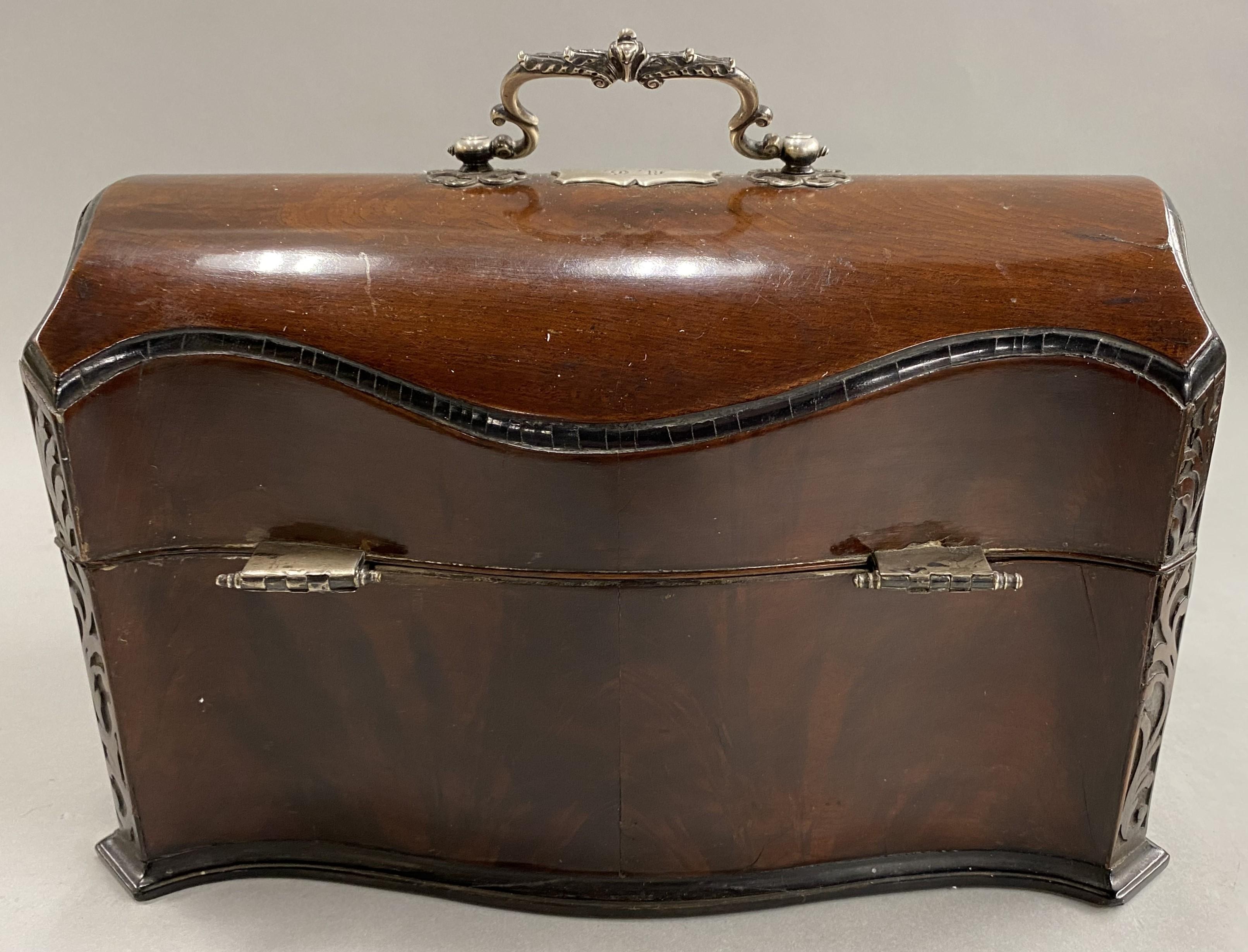19th c English Chippendale Style Mahogany Tea Caddy with Silver Plate Tea Boxes In Good Condition For Sale In Milford, NH