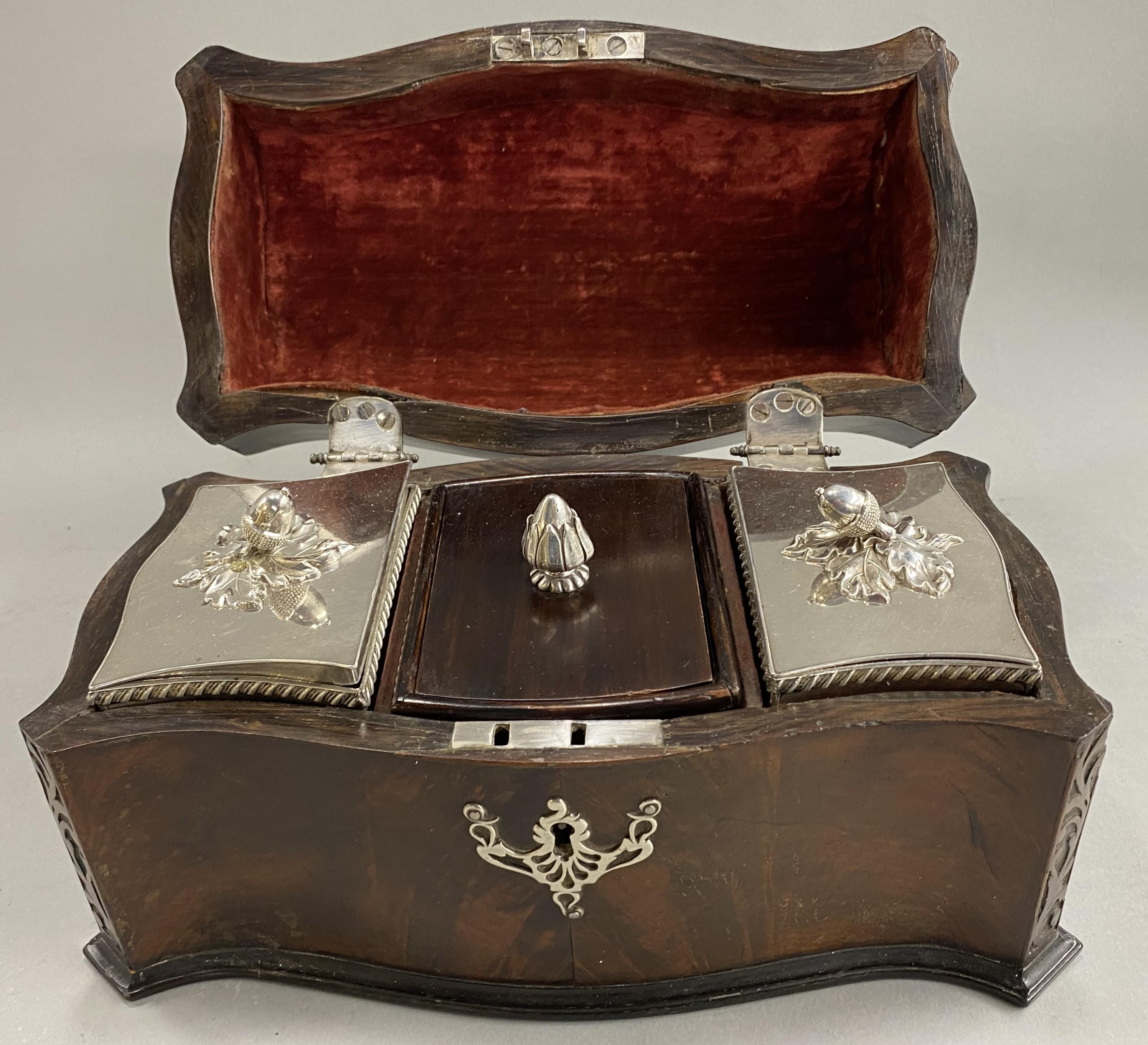 19th c English Chippendale Style Mahogany Tea Caddy with Silver Plate Tea Boxes For Sale 1