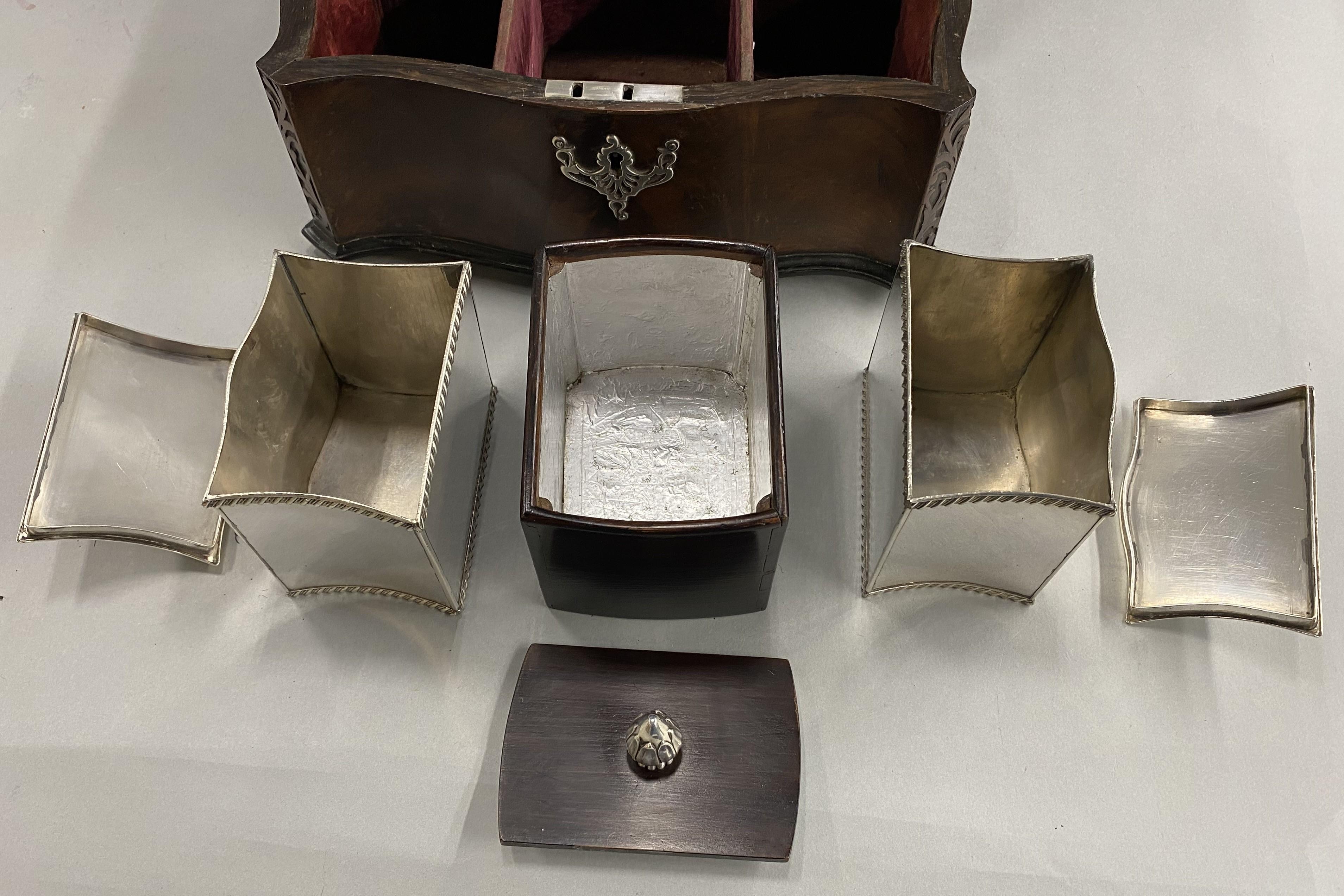 19th c English Chippendale Style Mahogany Tea Caddy with Silver Plate Tea Boxes For Sale 3