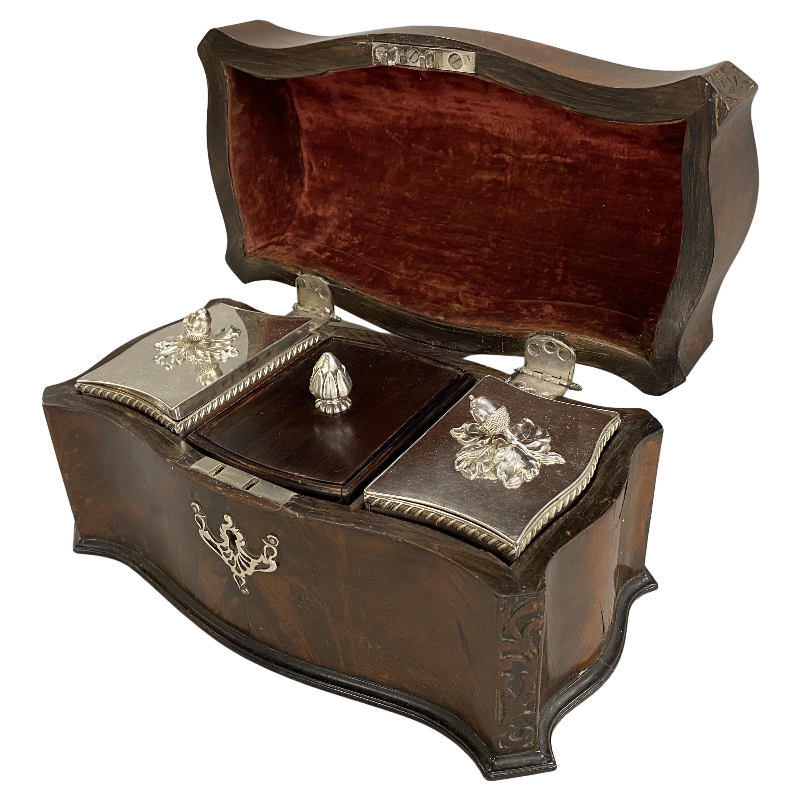 19th c English Chippendale Style Mahogany Tea Caddy with Silver Plate Tea Boxes For Sale