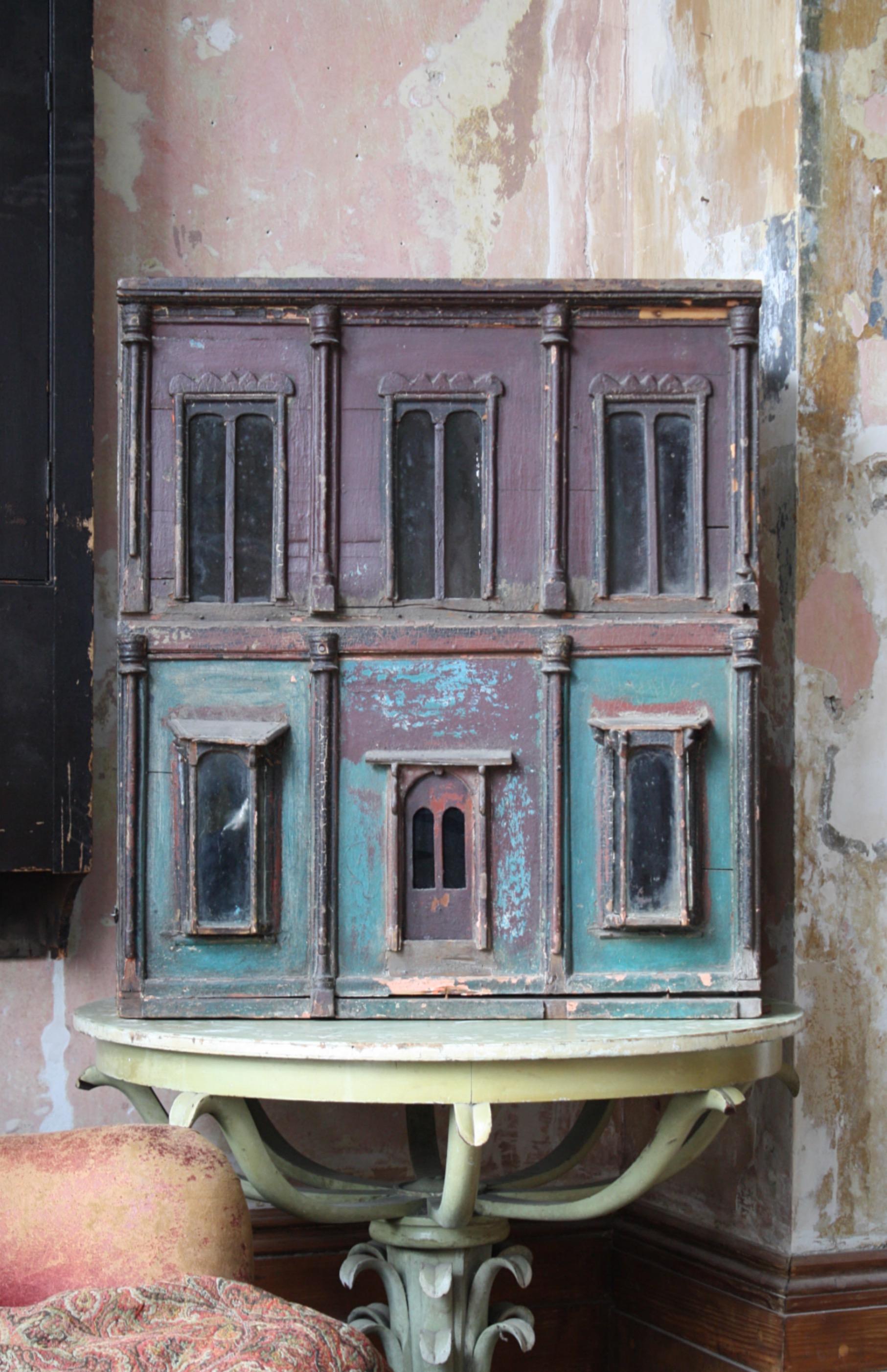 19th C English Country House Double Fronted Teal & Auburn Dolls House  For Sale 6