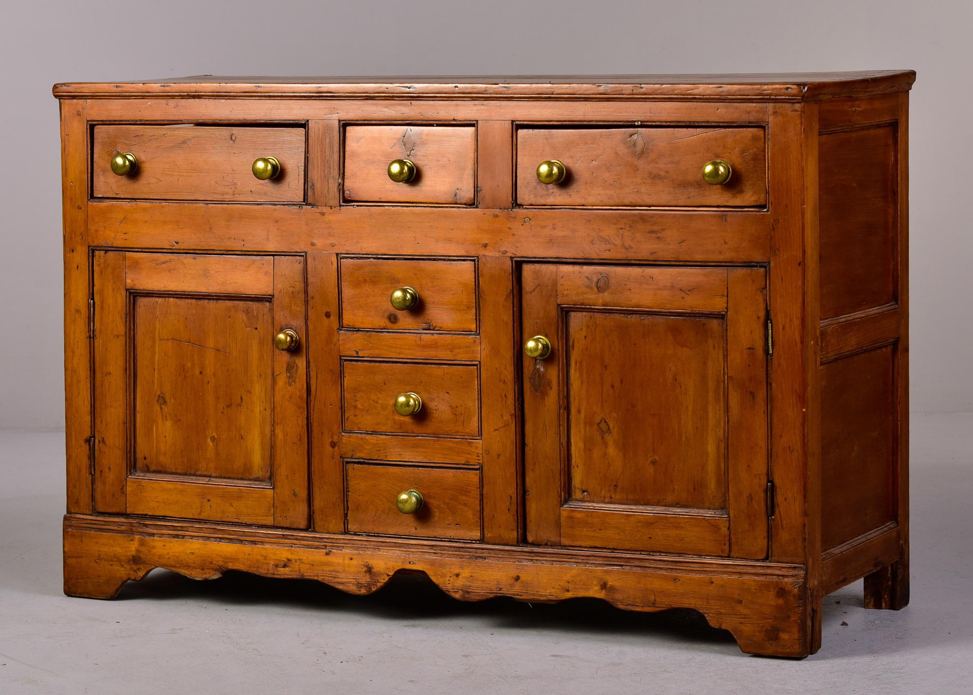19th C English Country Pine Buffet with Original Brass Knobs 4