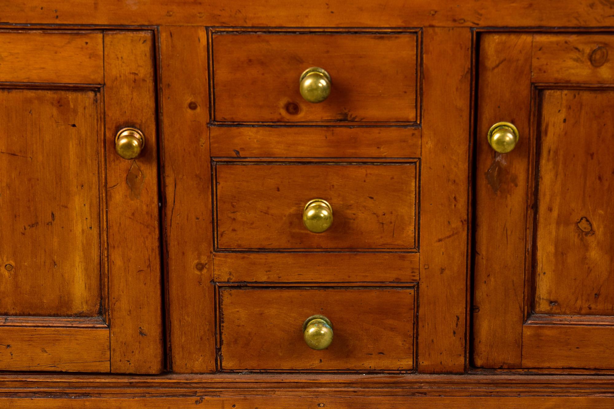 19th C English Country Pine Buffet with Original Brass Knobs 1