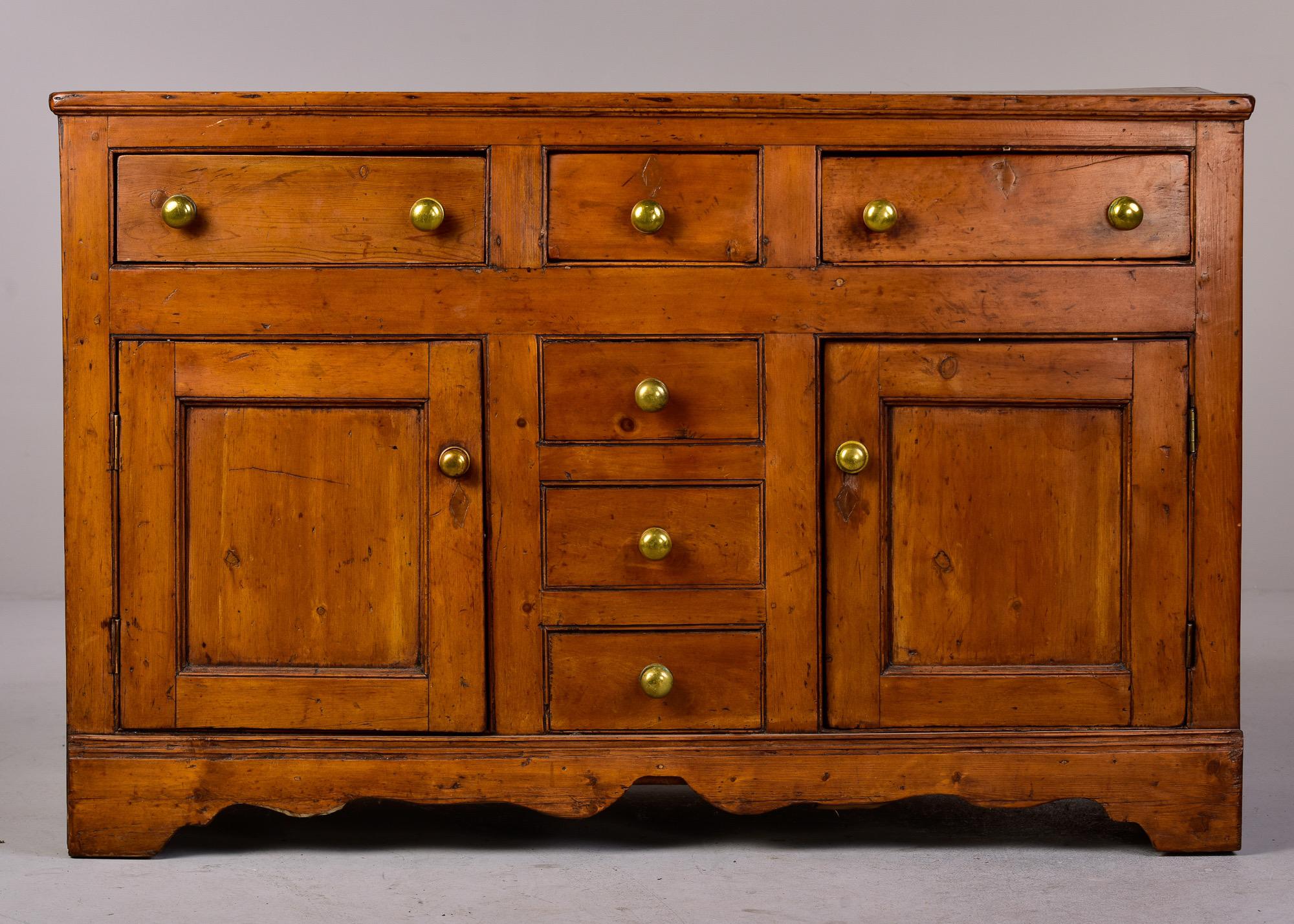19th C English Country Pine Buffet with Original Brass Knobs 3