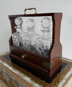 Victorian Tantalus Decanter Set: Crystal, Oak & Brass Hardware