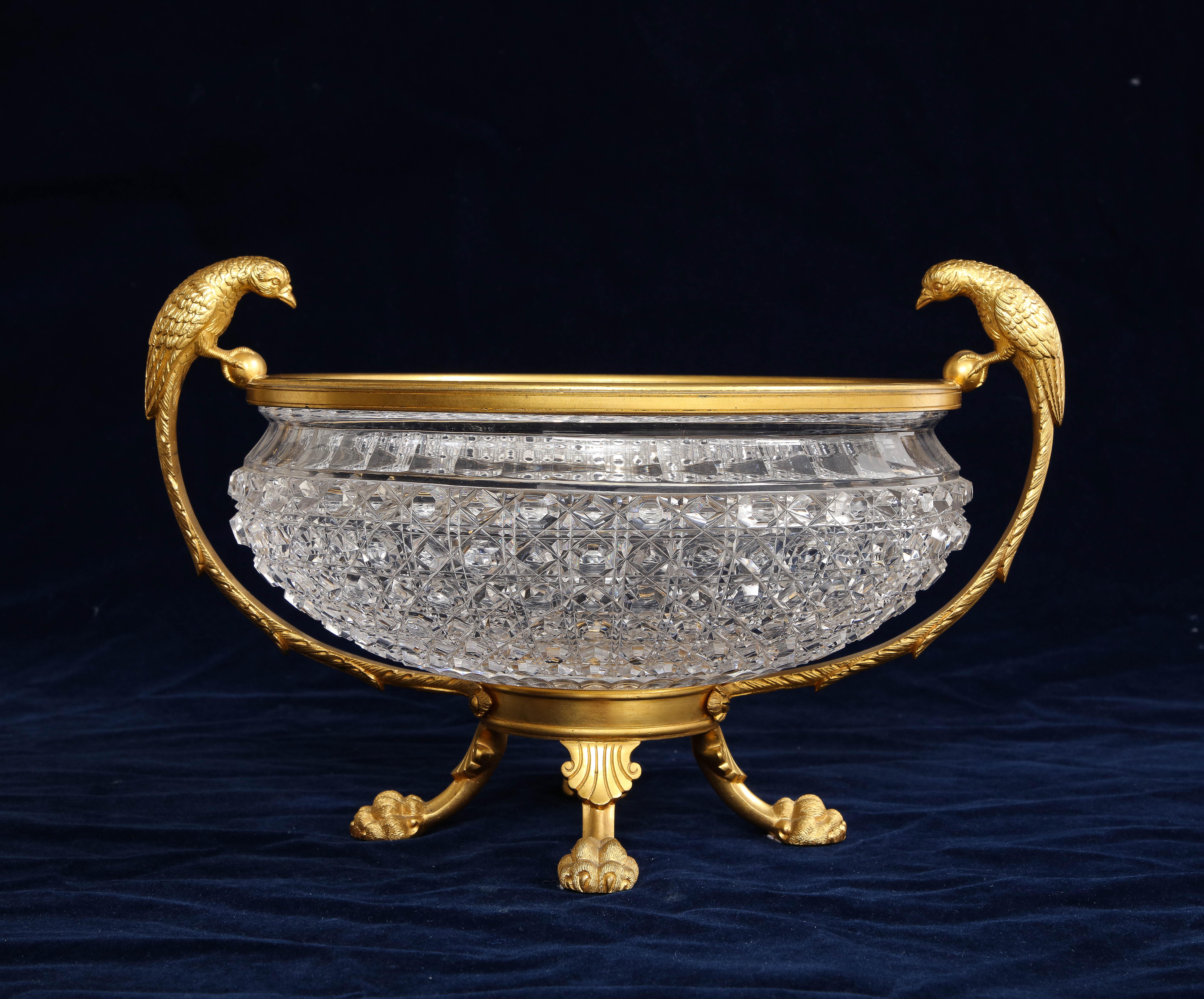 Louis XVI 19th C. English Dore Bronze Mtd. Crystal Bowl Centerpiece w/ Bird Handles, Osler For Sale