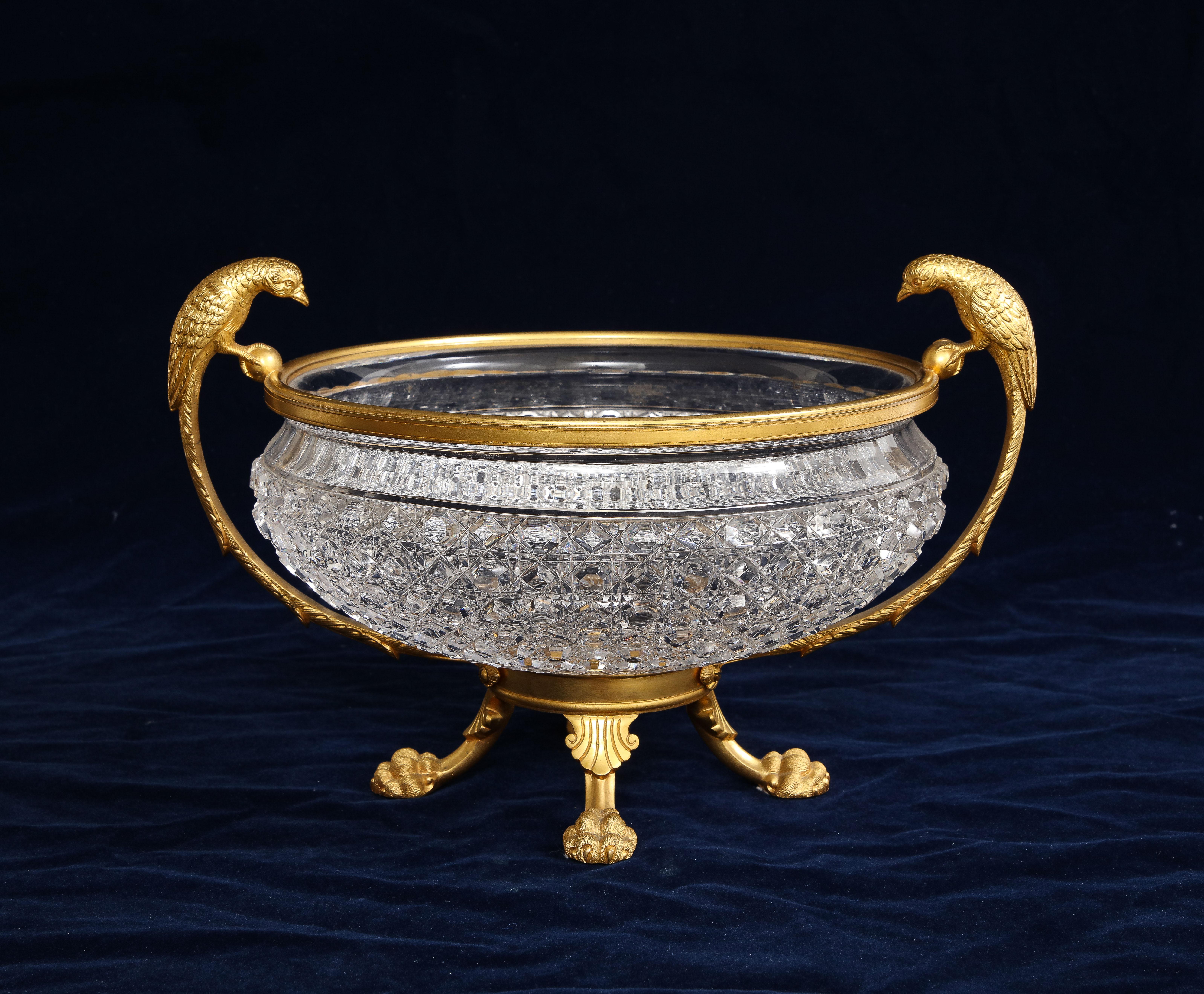 Hand-Carved 19th C. English Dore Bronze Mtd. Crystal Bowl Centerpiece w/ Bird Handles, Osler For Sale