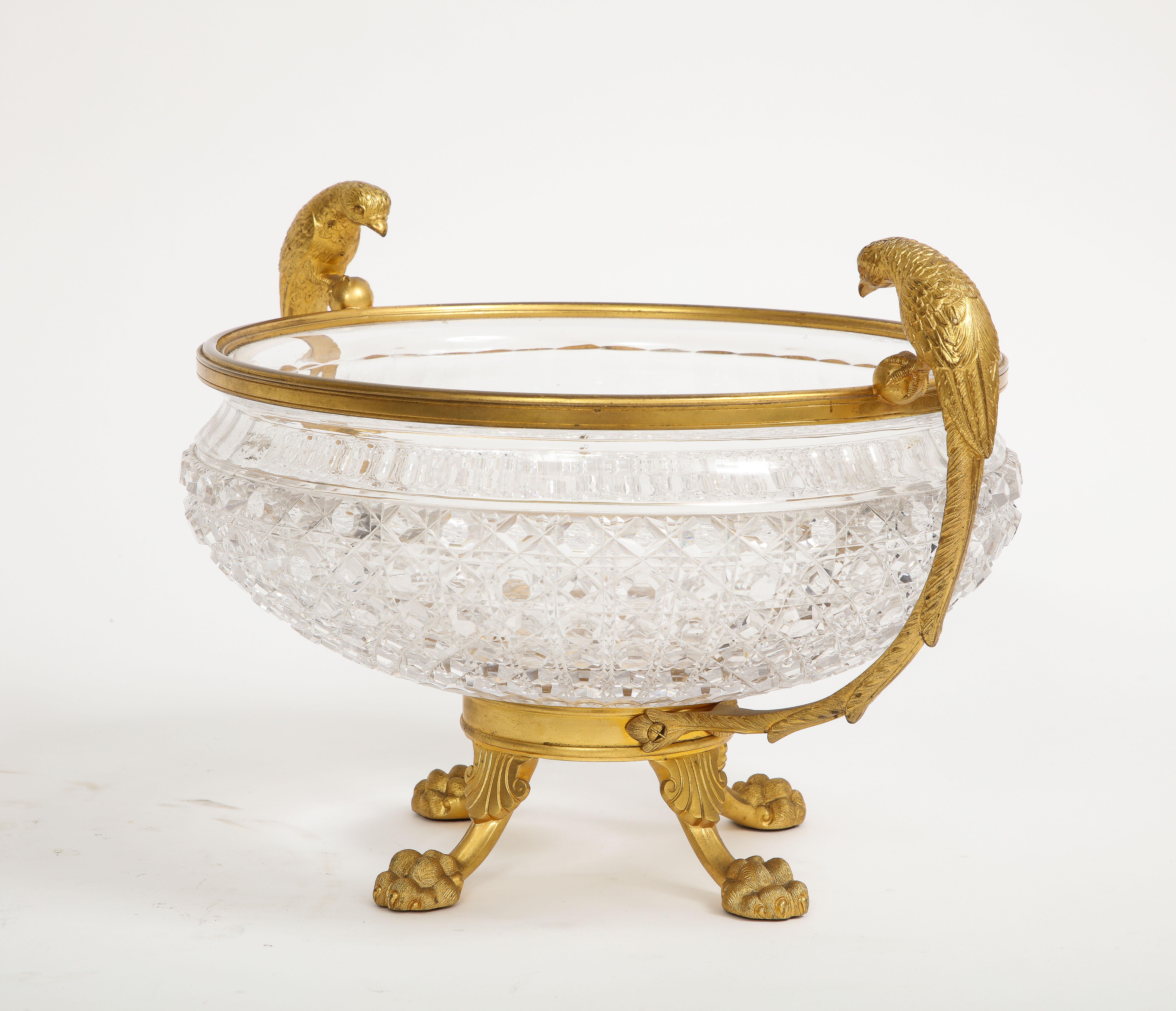 19th C. English Dore Bronze Mtd. Crystal Bowl Centerpiece w/ Bird Handles, Osler In Good Condition For Sale In New York, NY