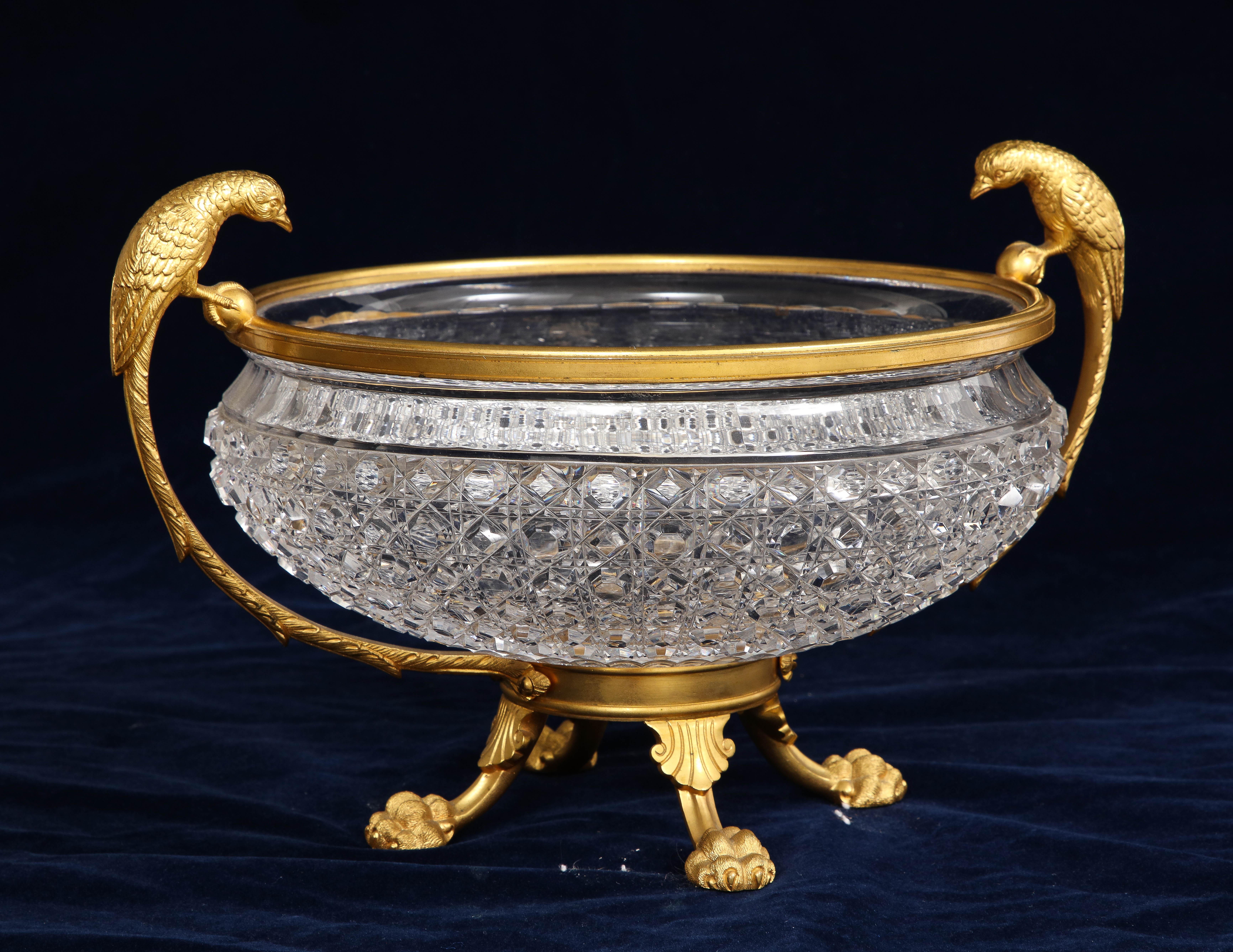 Mid-19th Century 19th C. English Dore Bronze Mtd. Crystal Bowl Centerpiece w/ Bird Handles, Osler For Sale