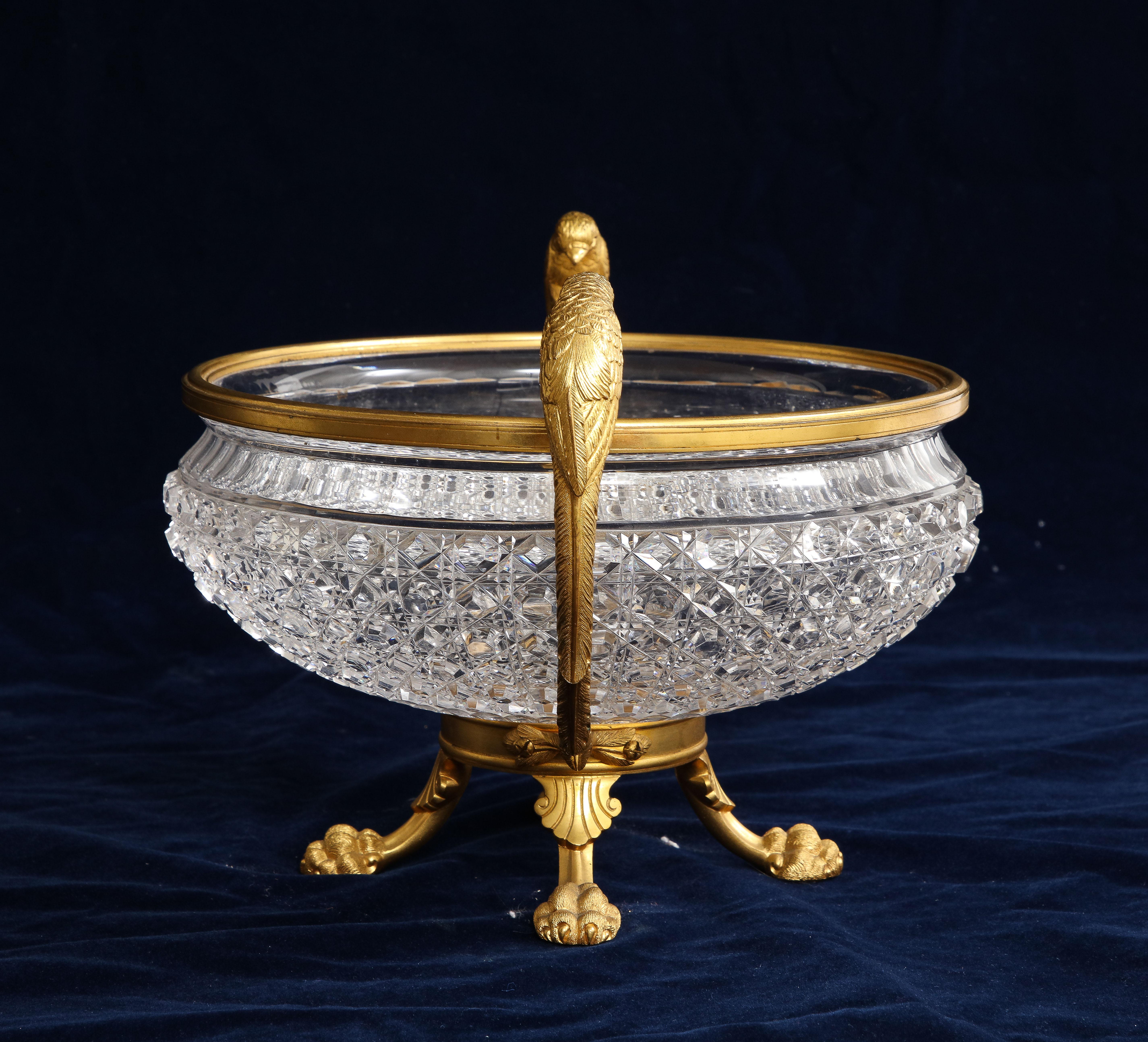 19th C. English Dore Bronze Mtd. Crystal Bowl Centerpiece w/ Bird Handles, Osler For Sale 2