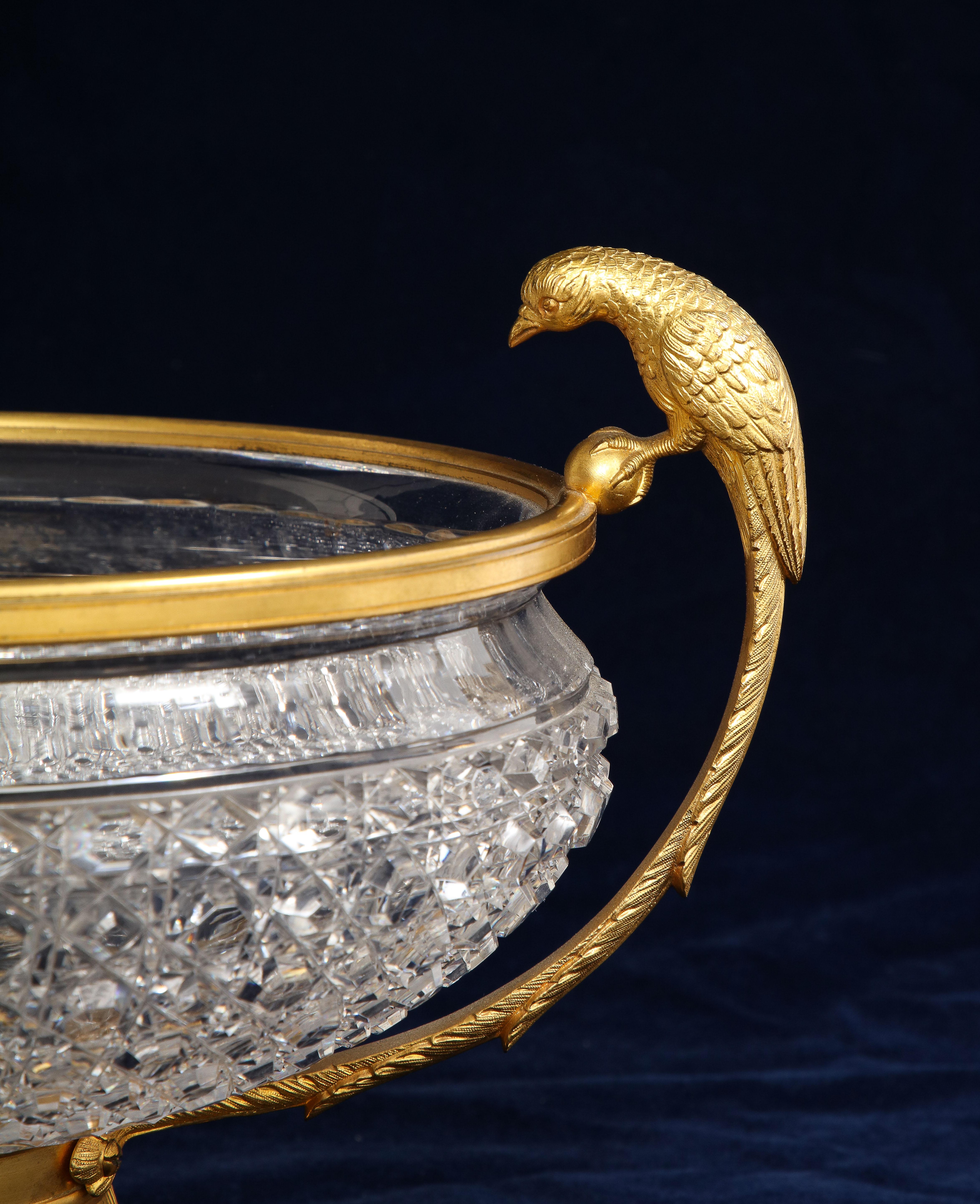 19th C. English Dore Bronze Mtd. Crystal Bowl Centerpiece w/ Bird Handles, Osler For Sale 3