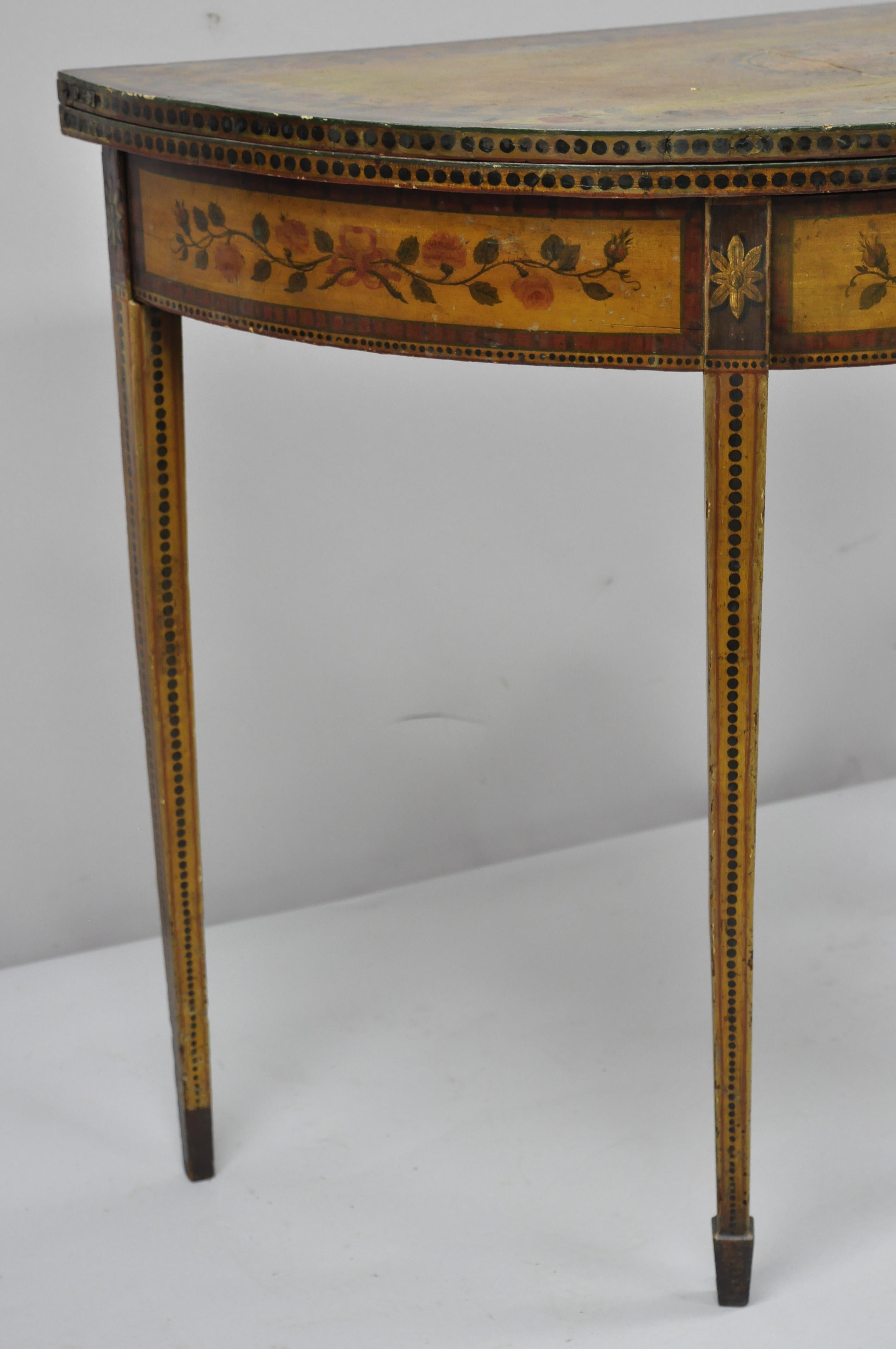 Adam Style English Edwardian Polychrome Adams Painted Demilune Console Game Table For Sale
