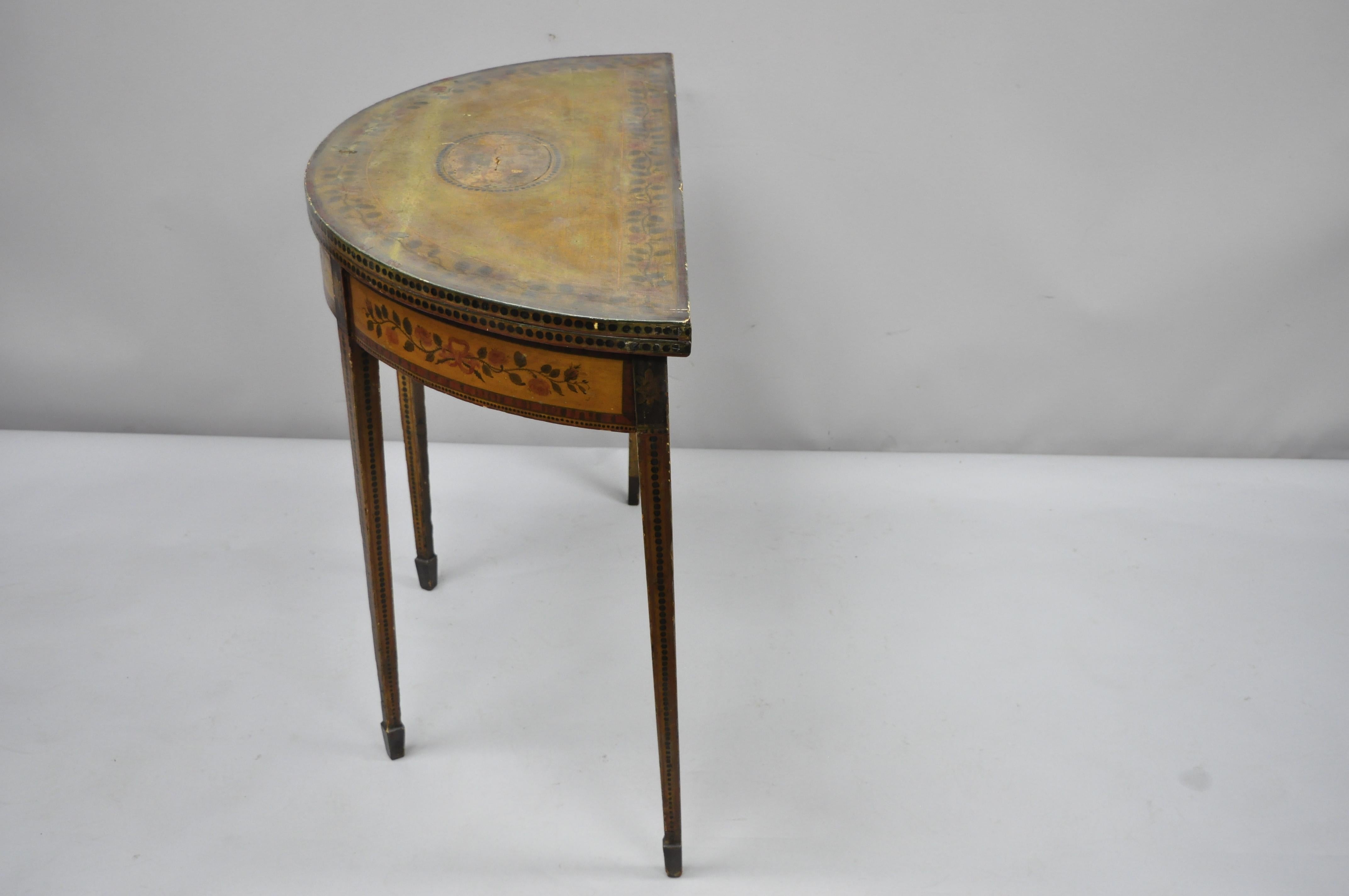 Englischer edwardianischer polychrom bemalter Demilune-Konsolen-Spieltisch, Adams (Holz) im Angebot