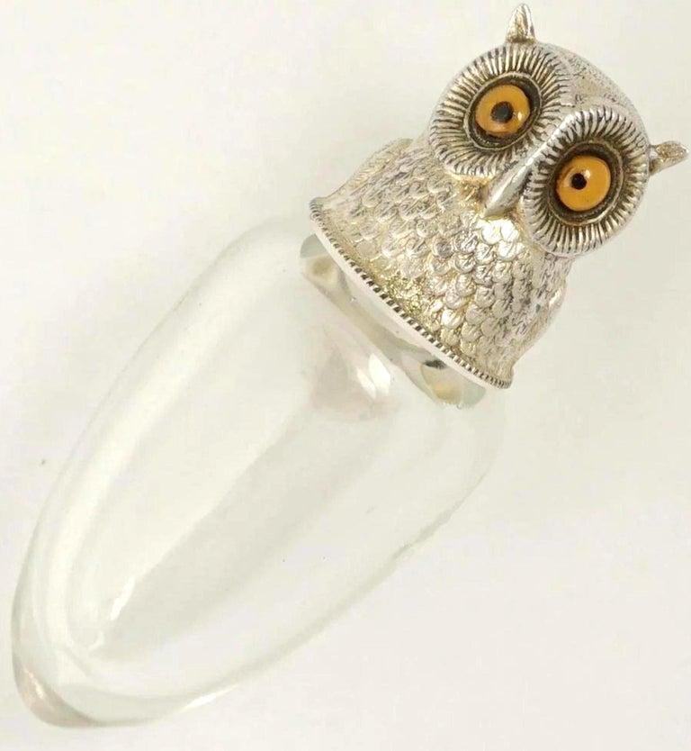 High Victorian 19th C English Figural Sterling & Crystal Owl Perfume Bottle by Sampson Mordan For Sale