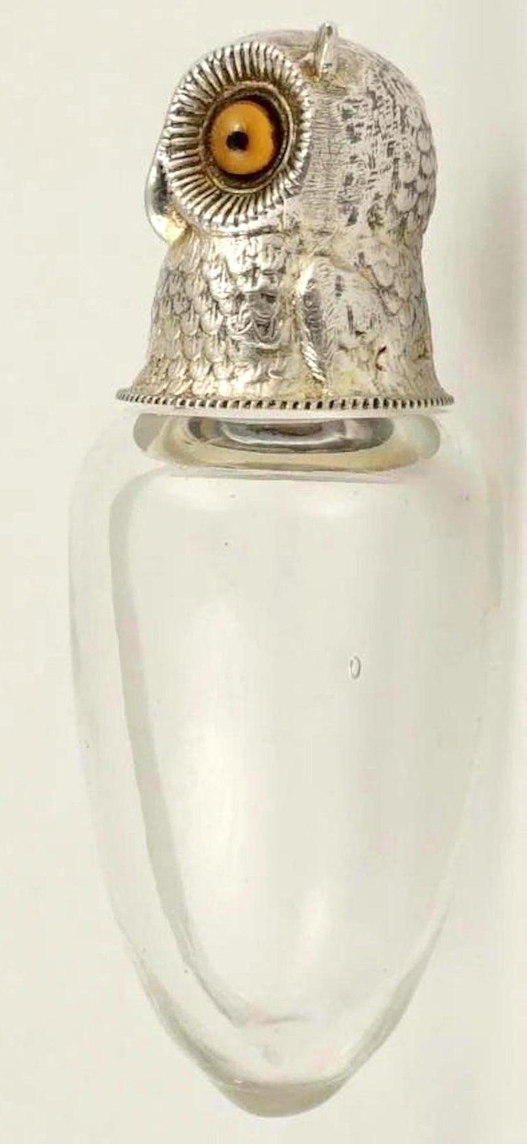 19th C English Figural Sterling & Crystal Owl Perfume Bottle by Sampson Mordan In Good Condition For Sale In West Palm Beach, FL