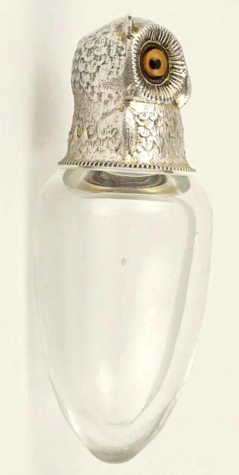 19th Century 19th C English Figural Sterling & Crystal Owl Perfume Bottle by Sampson Mordan For Sale