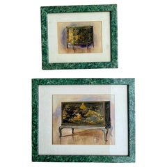 19th-C. English Framed Watercolors Room Study Chinoiserie Demilune & Cabinet S/2