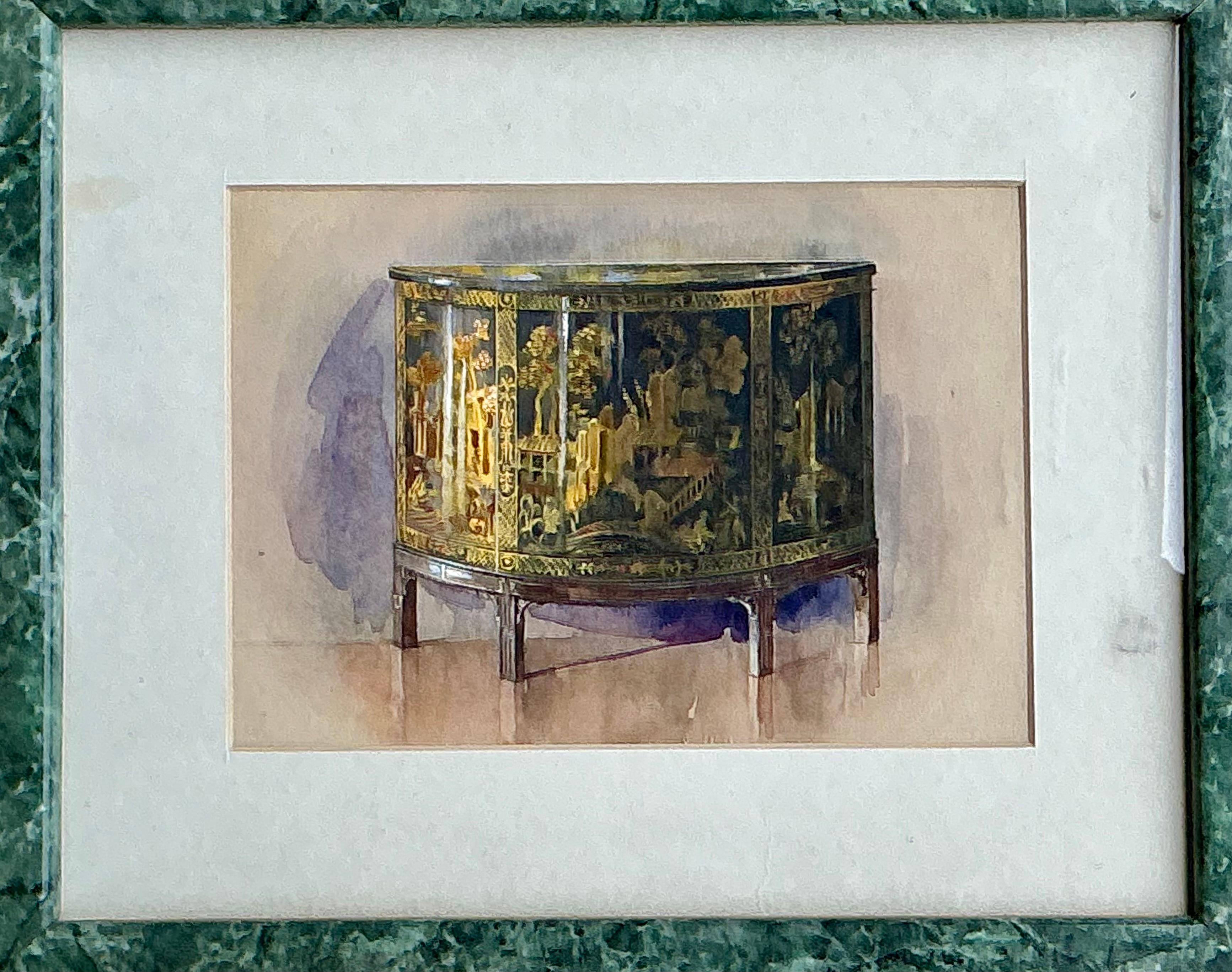 19ème siècle. Aquarelles anglaises encadrées Room Study Chinoiserie Demilune & Cabinet S/2 Bon état - En vente à Kennesaw, GA