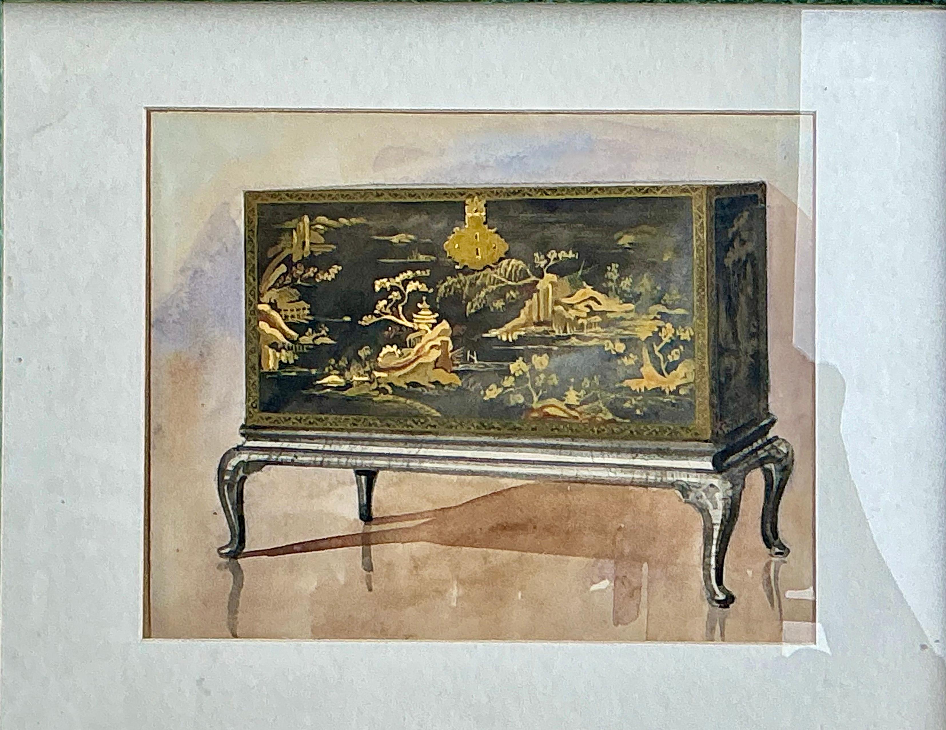 XIXe siècle 19ème siècle. Aquarelles anglaises encadrées Room Study Chinoiserie Demilune & Cabinet S/2 en vente