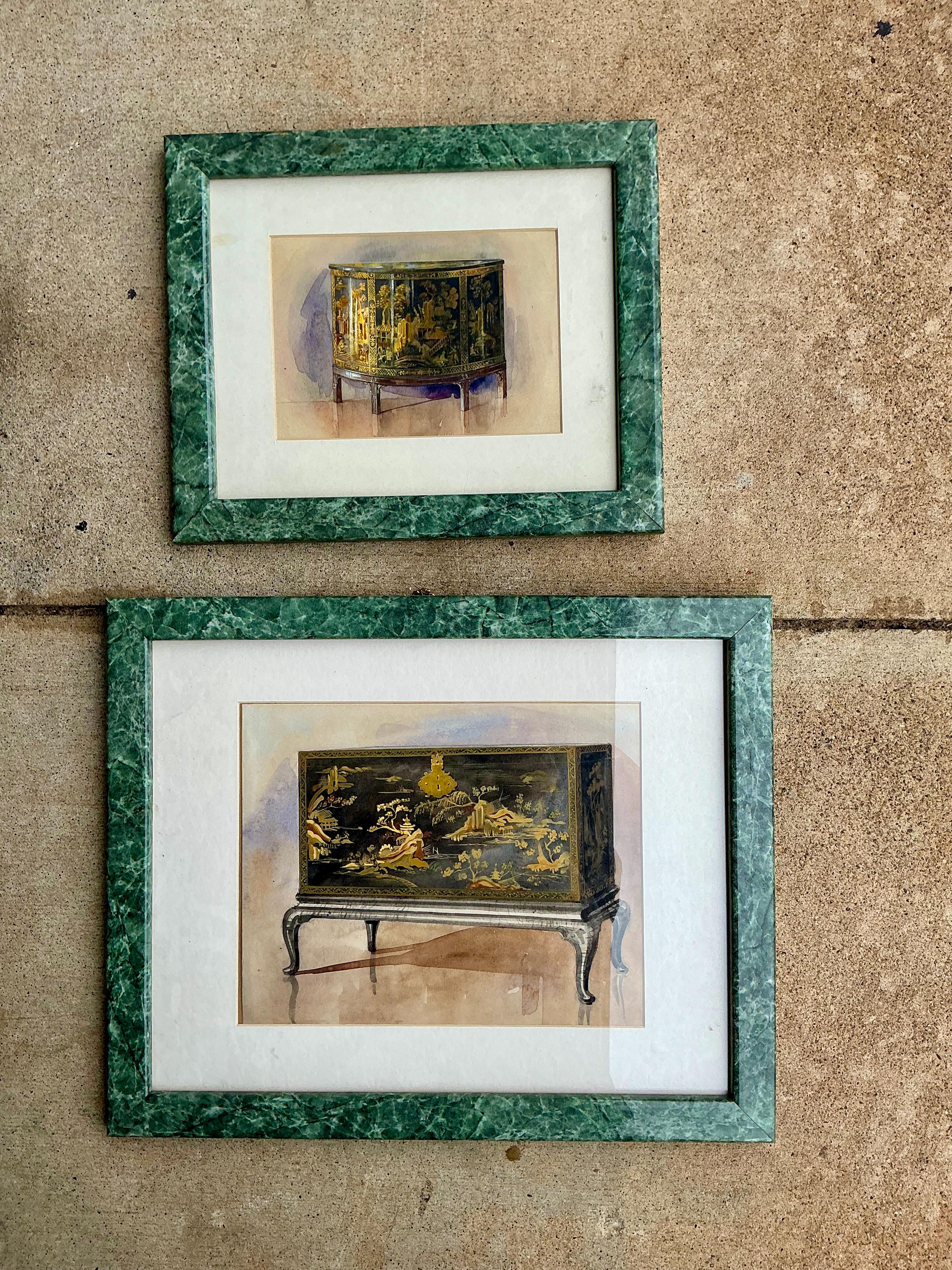 Bois 19ème siècle. Aquarelles anglaises encadrées Room Study Chinoiserie Demilune & Cabinet S/2 en vente