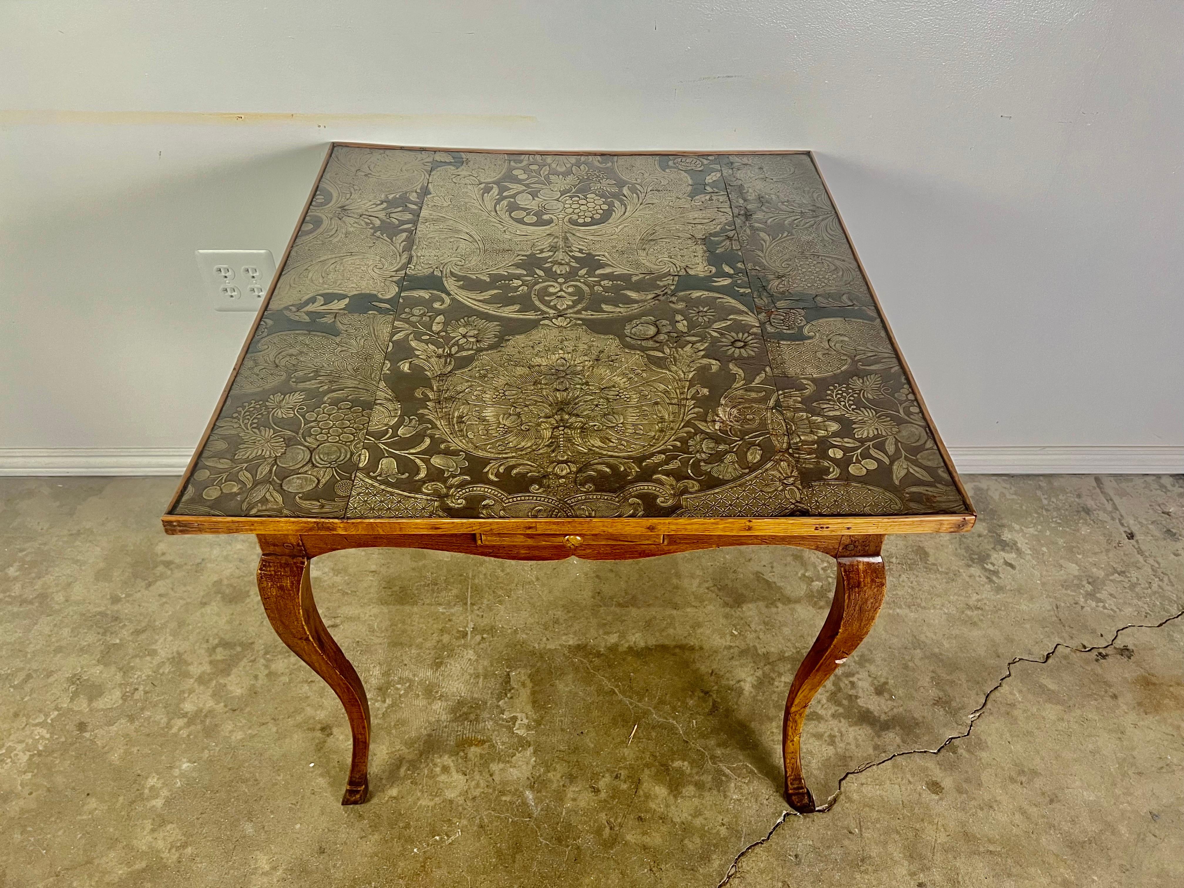 French Provincial 19th Century English Game Table W/Embossed Leather Top