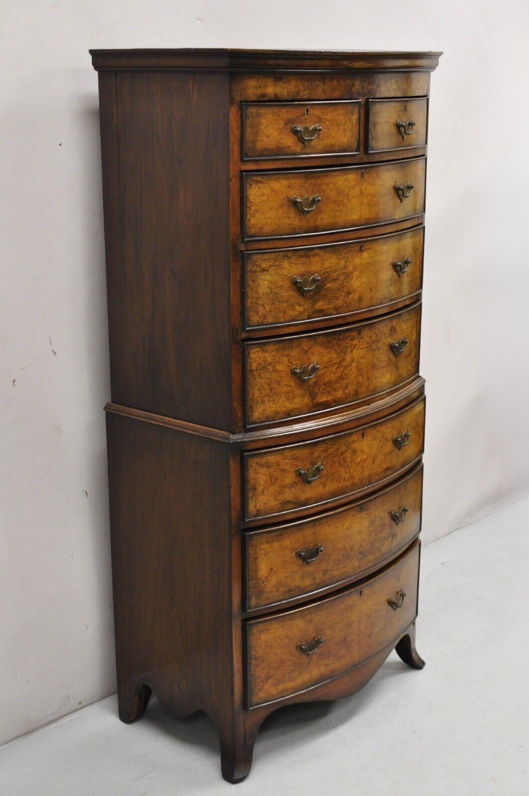 19th C English George II Burl Walnut Chest on Chest Dresser Chest of 8 Drawers For Sale 8