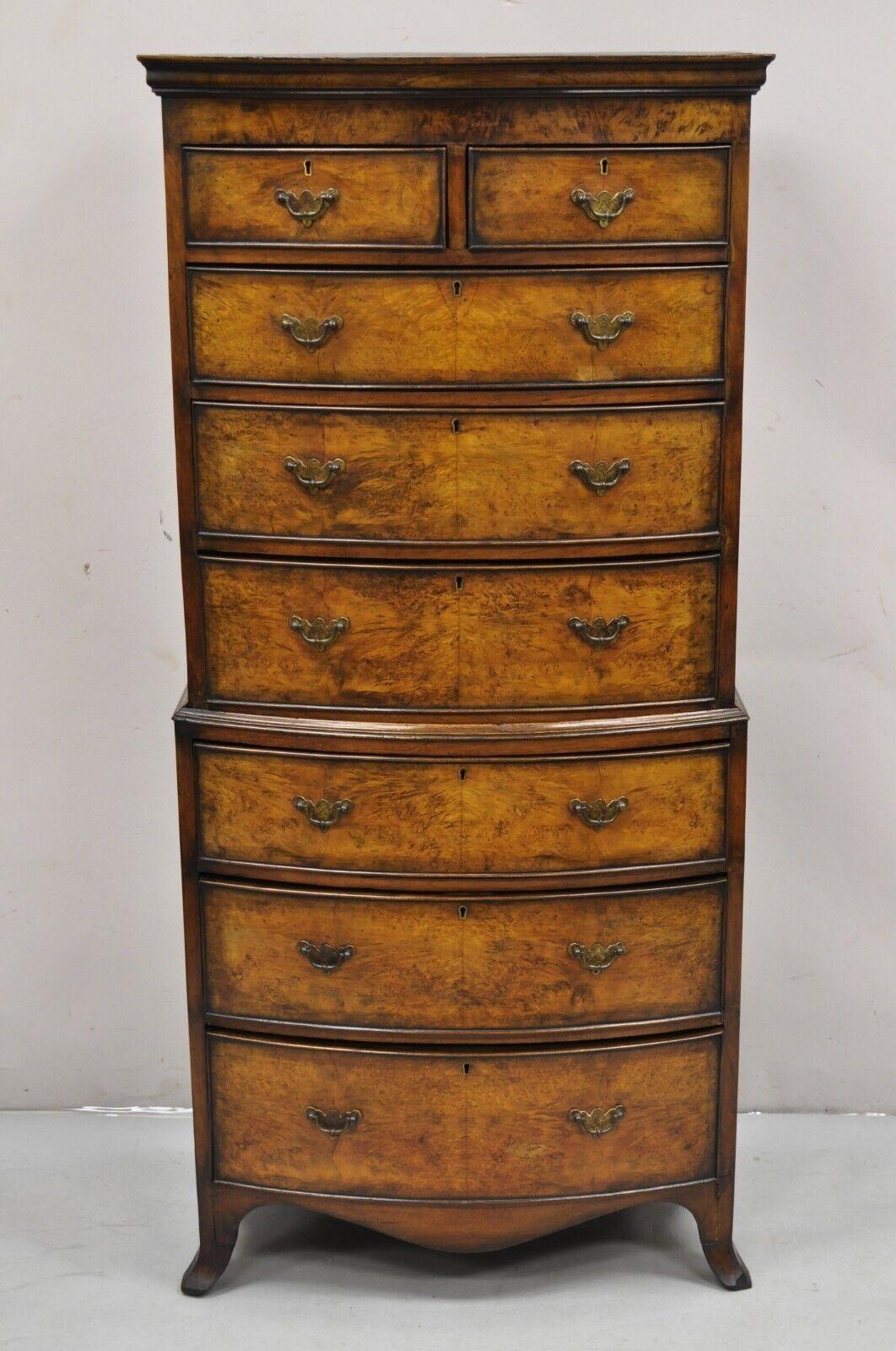 19th C English George II Burl Walnut Chest on Chest Dresser Chest of 8 Drawers For Sale 9