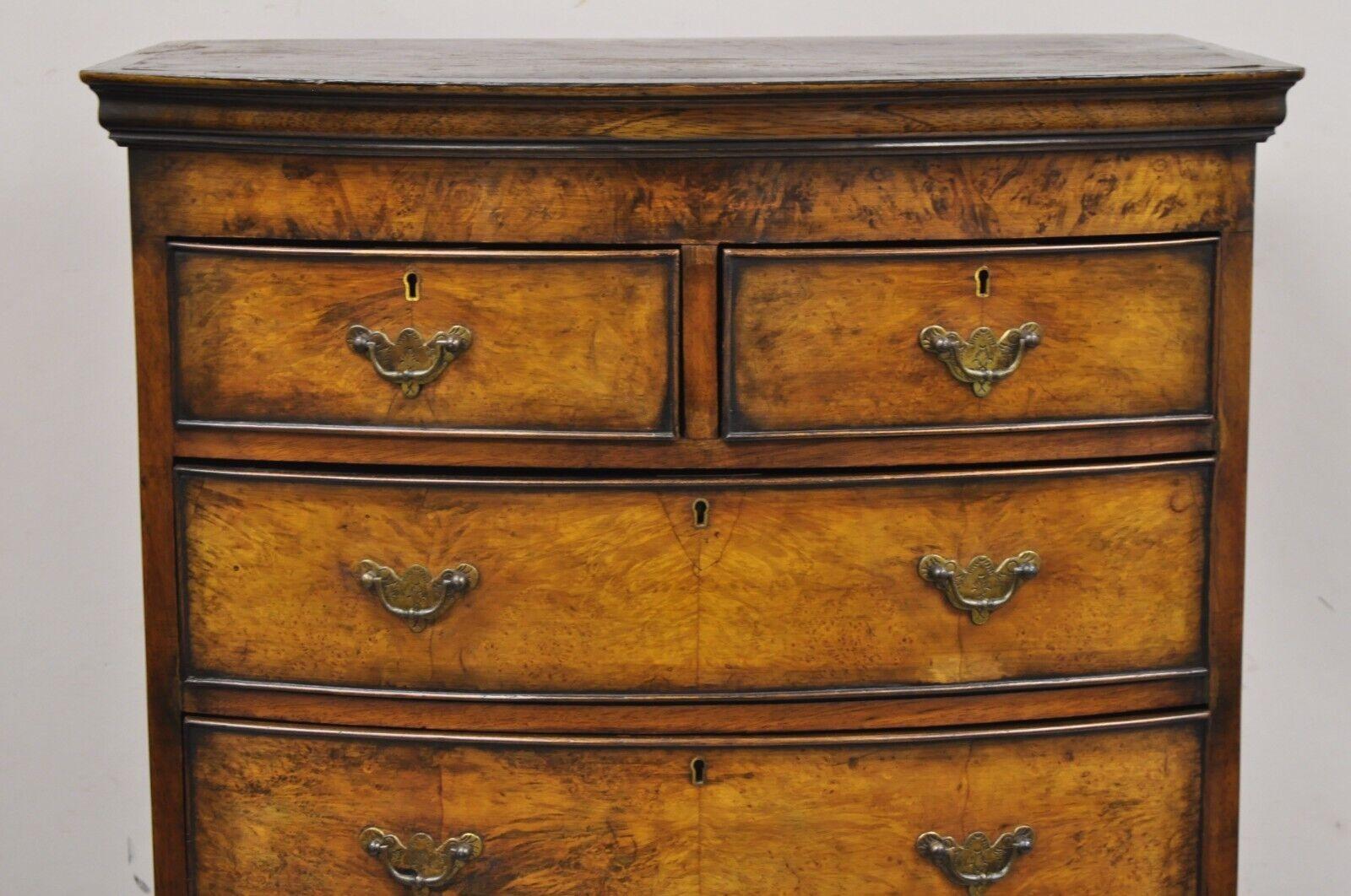 19th C English George II Burl Walnut Chest on Chest Dresser Chest of 8 Drawers In Good Condition For Sale In Philadelphia, PA