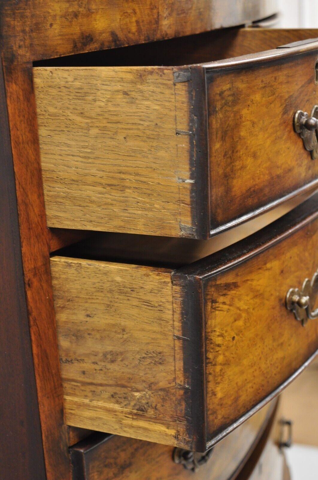 19th C English George II Burl Walnut Chest on Chest Dresser Chest of 8 Drawers For Sale 1