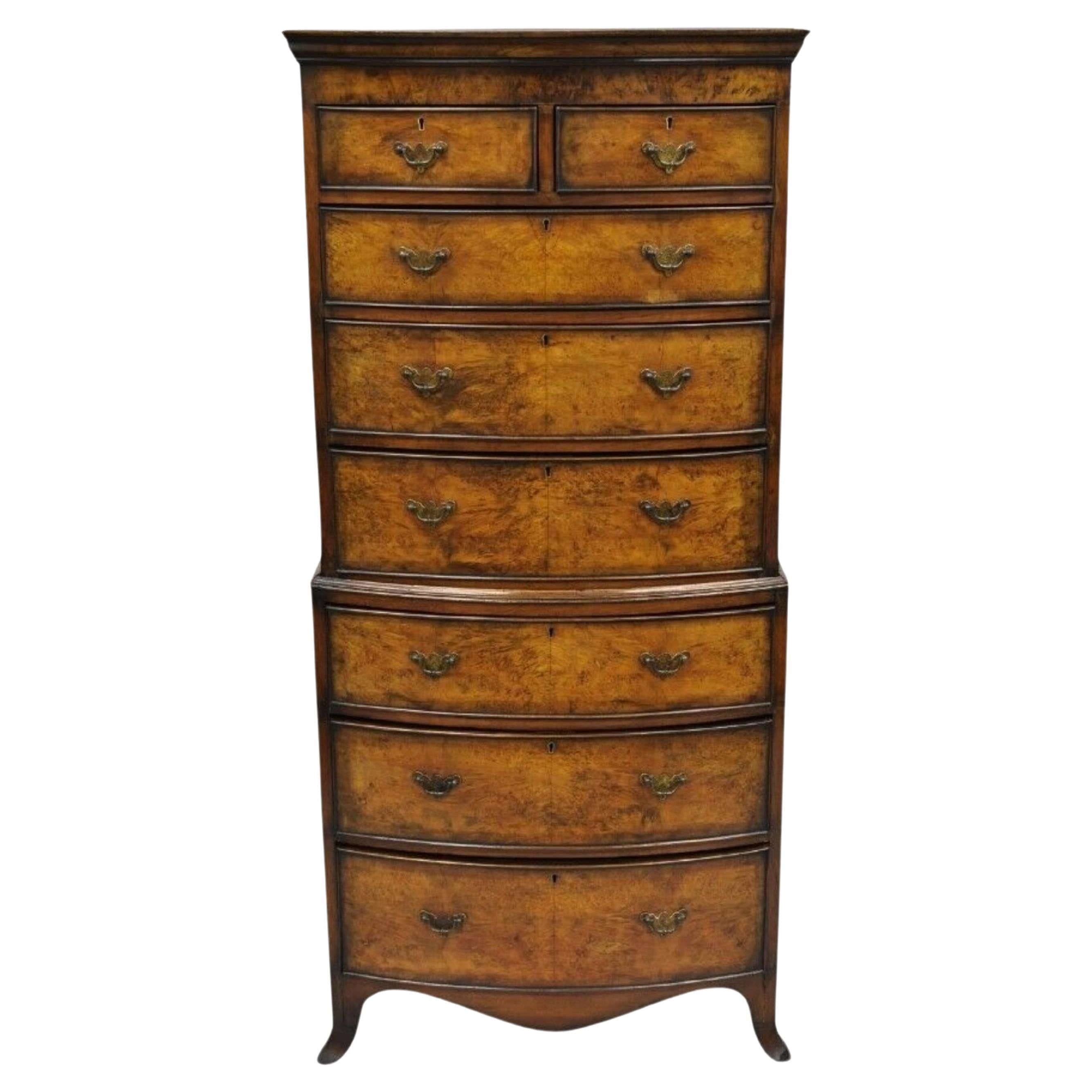 19th C English George II Burl Walnut Chest on Chest Dresser Chest of 8 Drawers For Sale