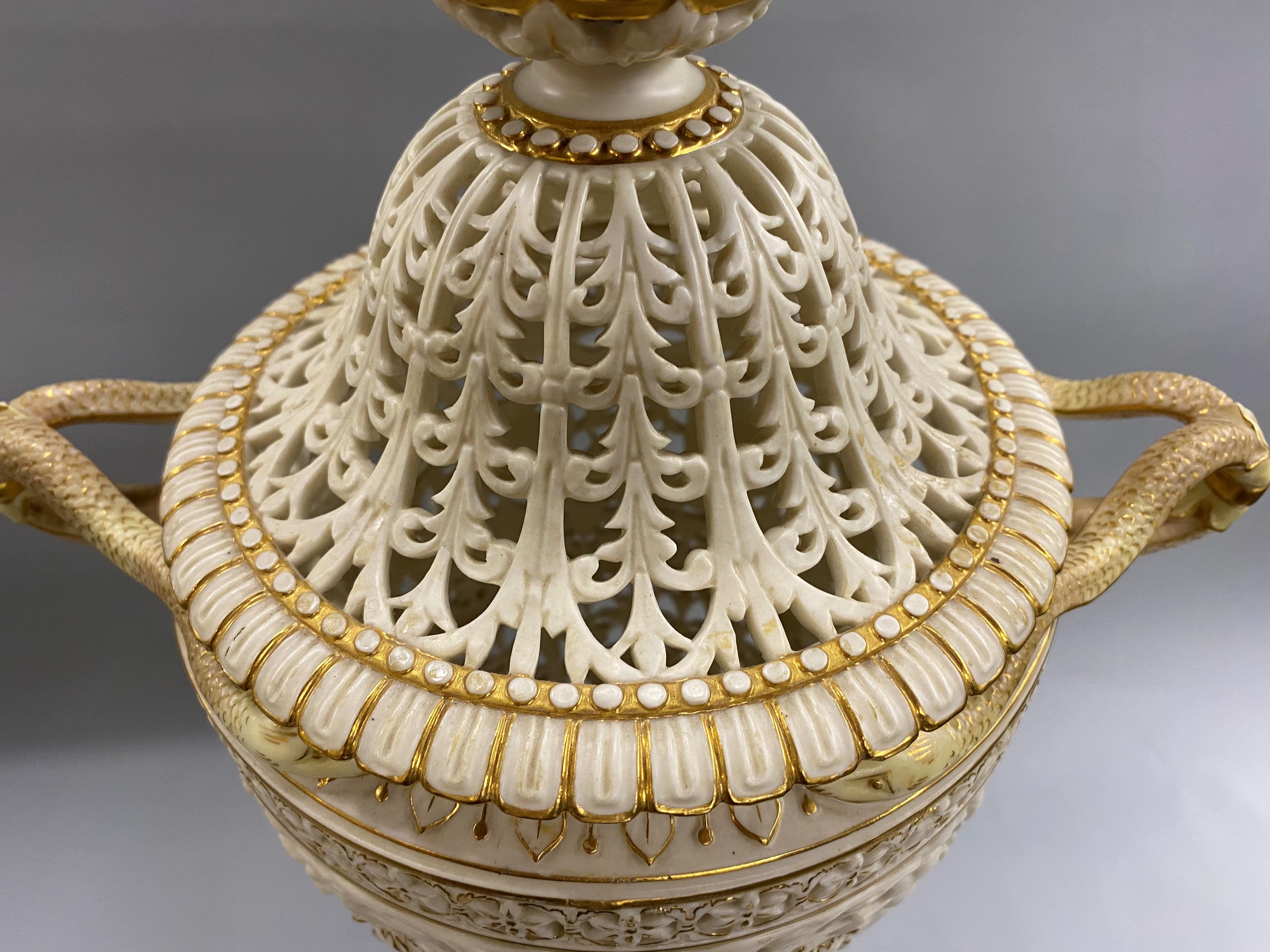 English Grainger Royal Worcester Gilt Ivory Porcelain Reticulated Urn 6