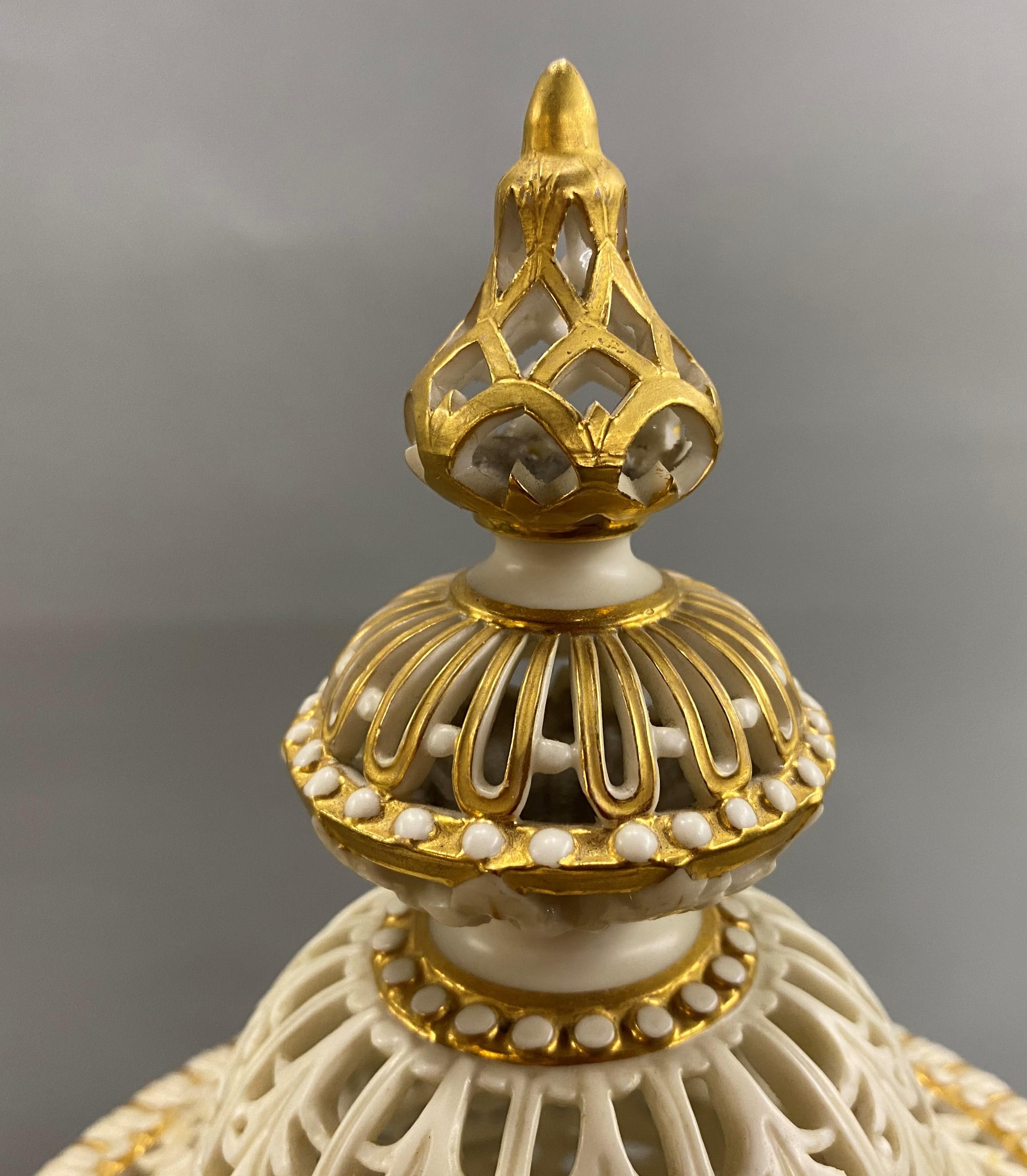 English Grainger Royal Worcester Gilt Ivory Porcelain Reticulated Urn 7