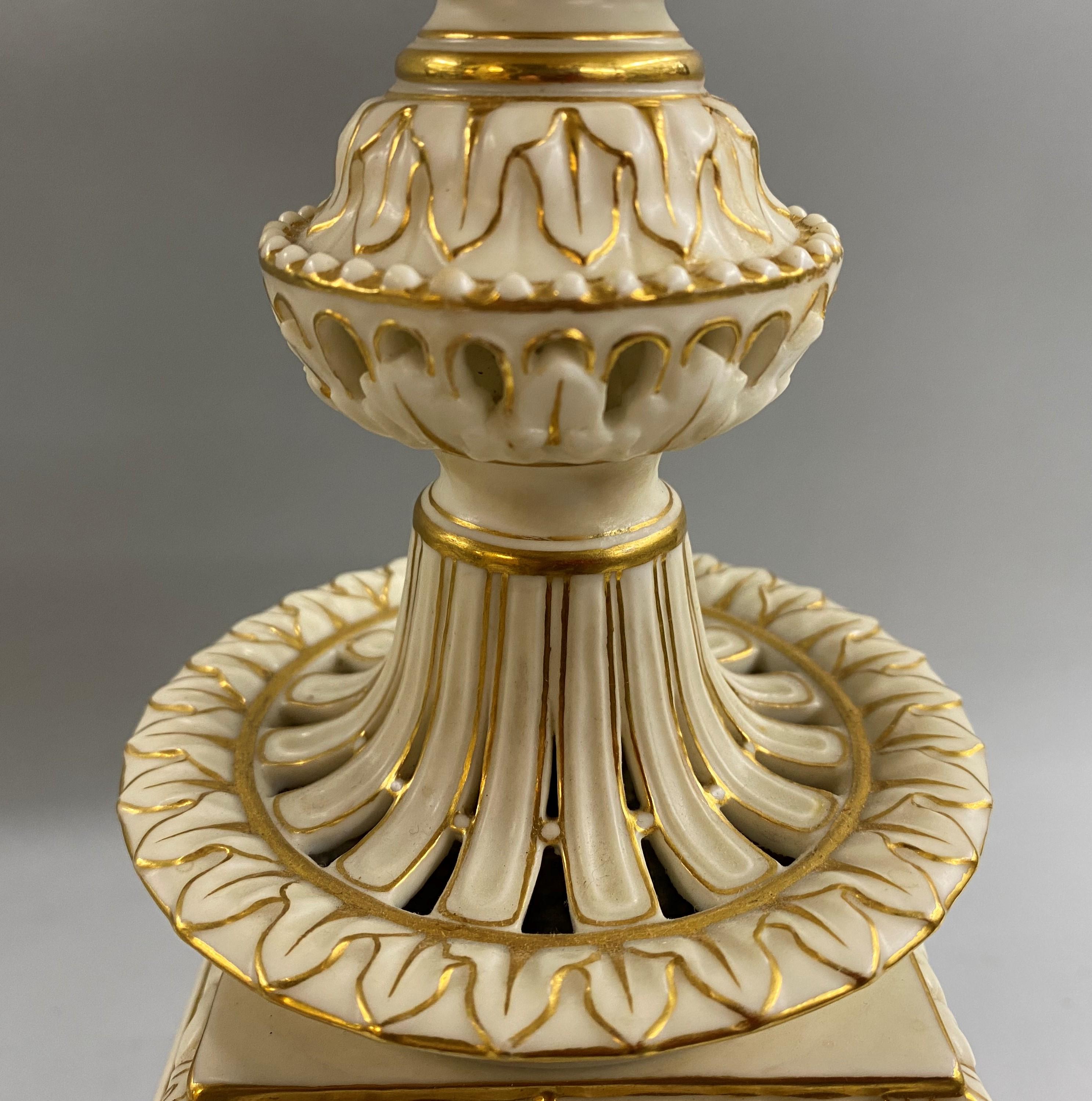 English Grainger Royal Worcester Gilt Ivory Porcelain Reticulated Urn 8