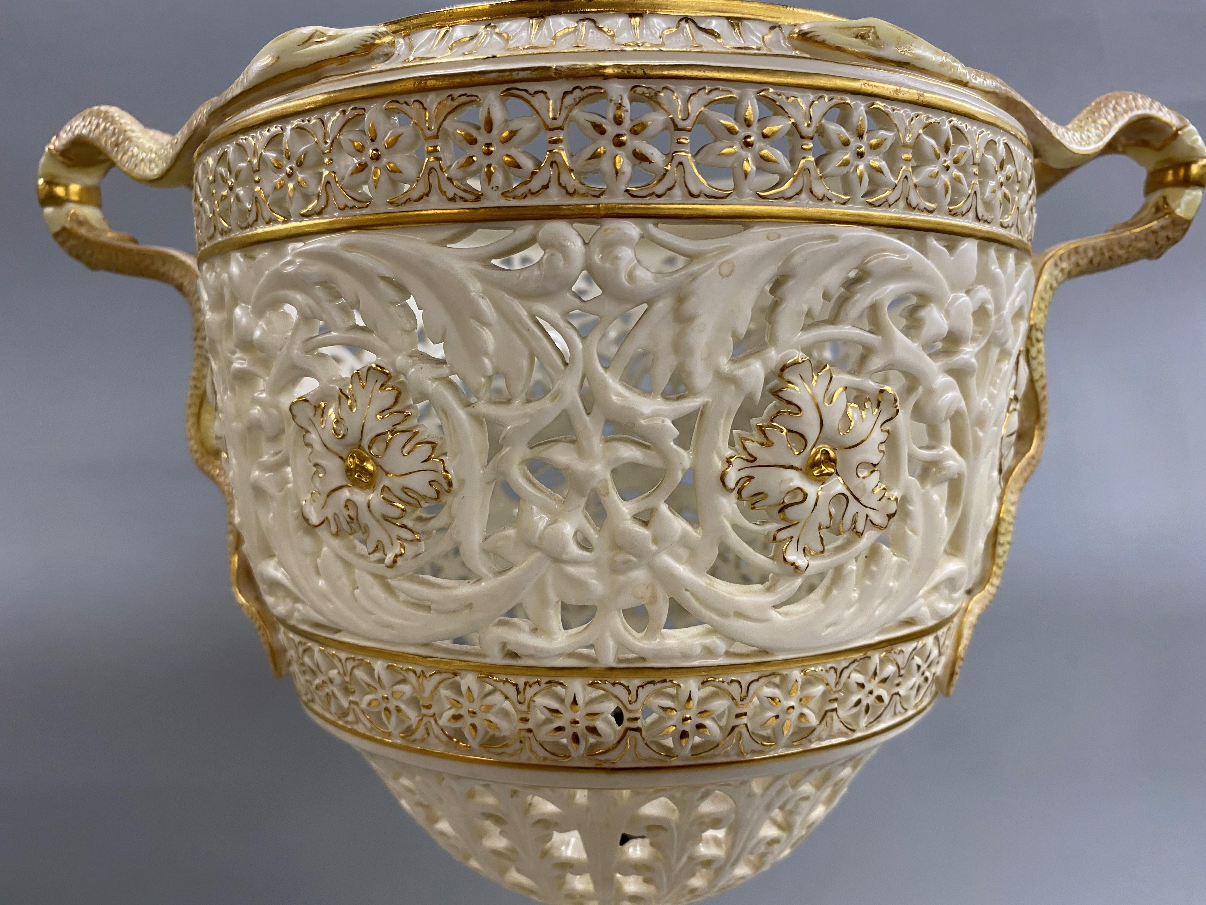 English Grainger Royal Worcester Gilt Ivory Porcelain Reticulated Urn 9