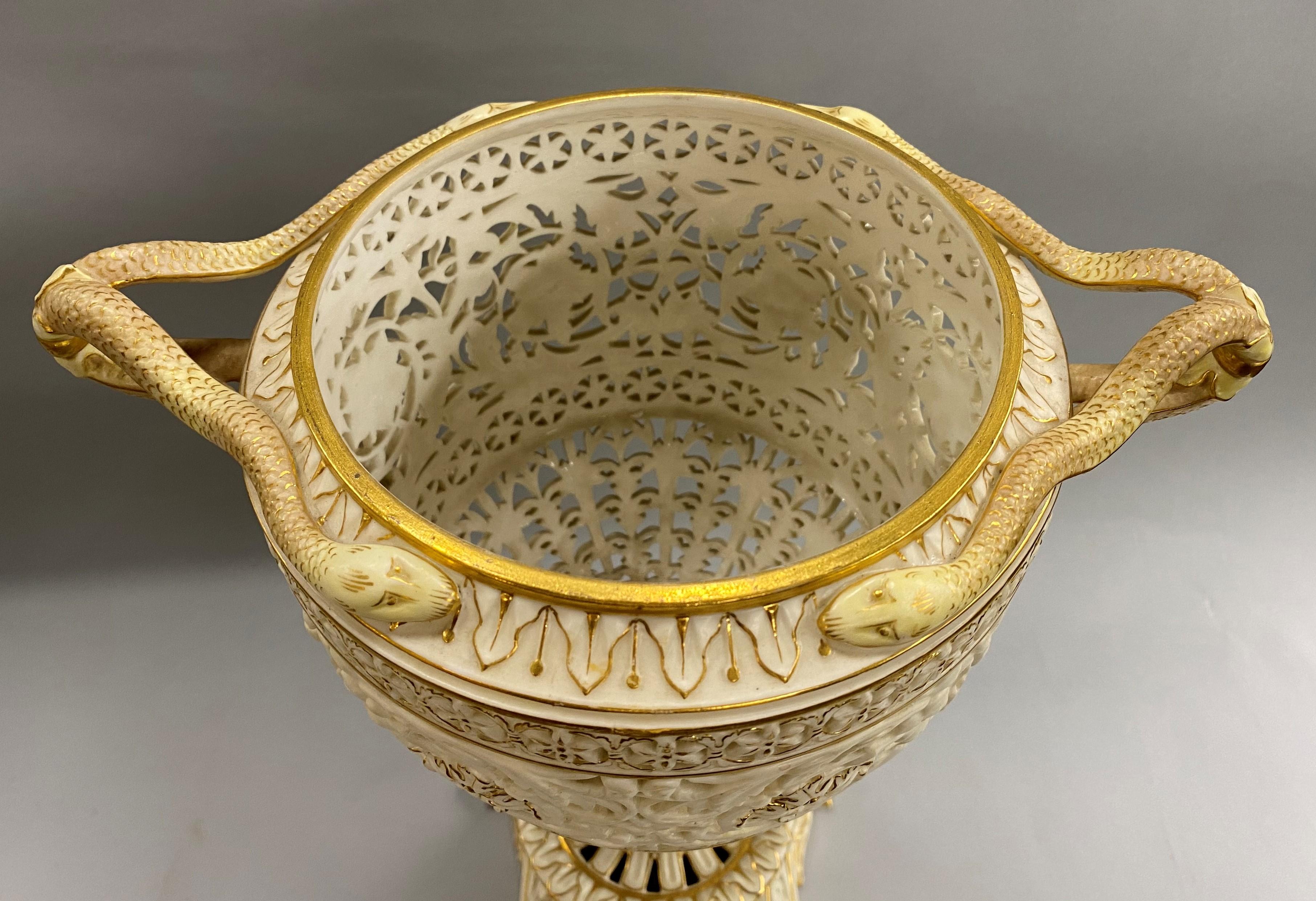 English Grainger Royal Worcester Gilt Ivory Porcelain Reticulated Urn 10