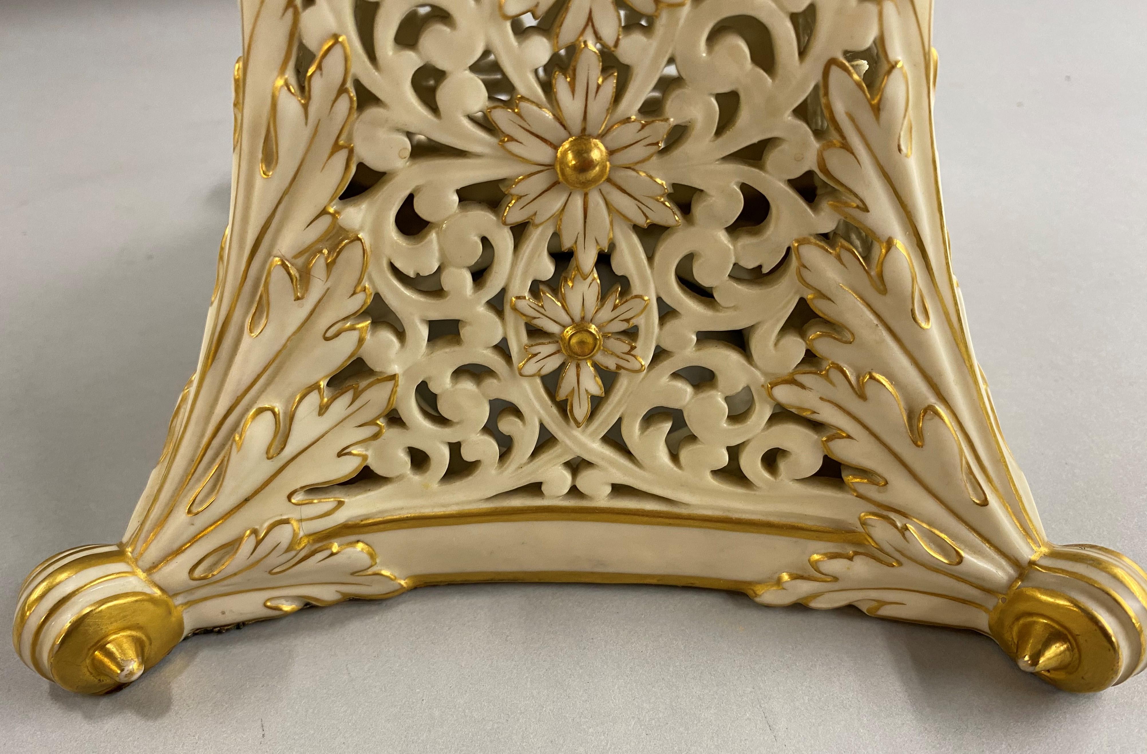 English Grainger Royal Worcester Gilt Ivory Porcelain Reticulated Urn 11