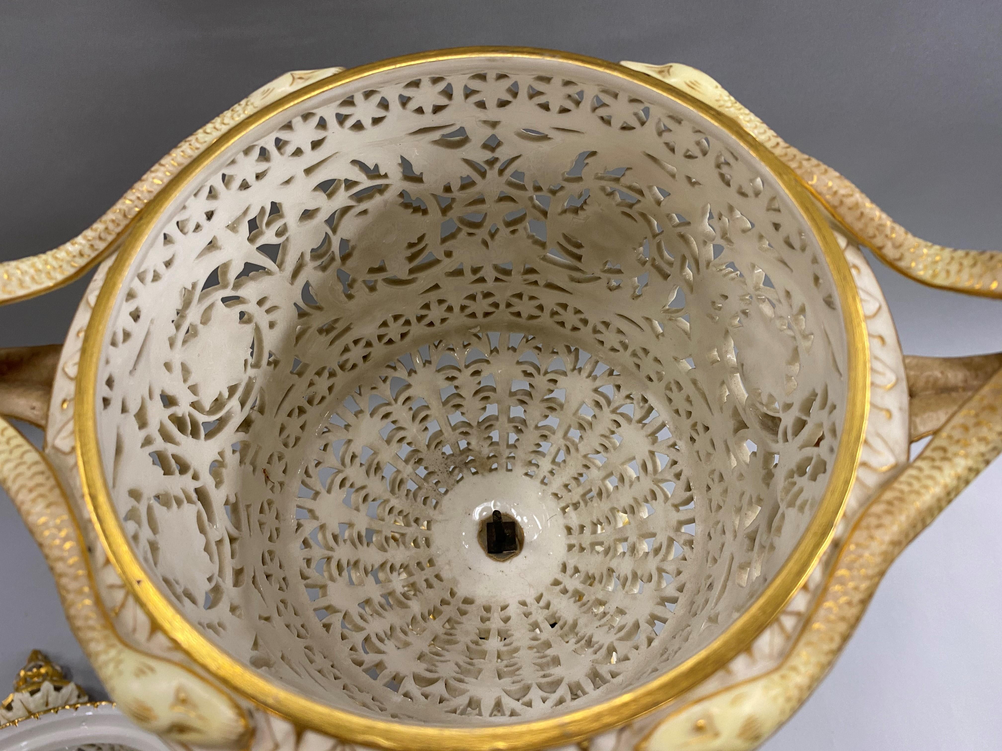 English Grainger Royal Worcester Gilt Ivory Porcelain Reticulated Urn 14