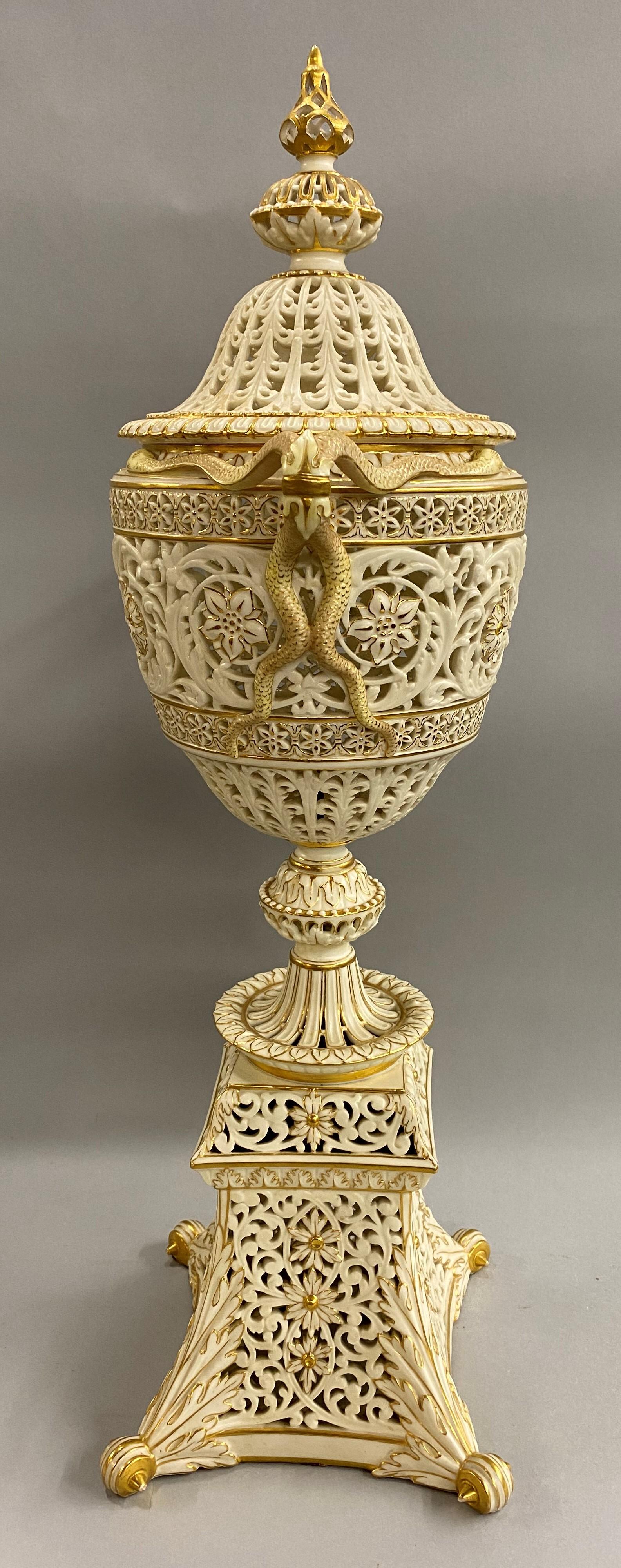 19th Century English Grainger Royal Worcester Gilt Ivory Porcelain Reticulated Urn