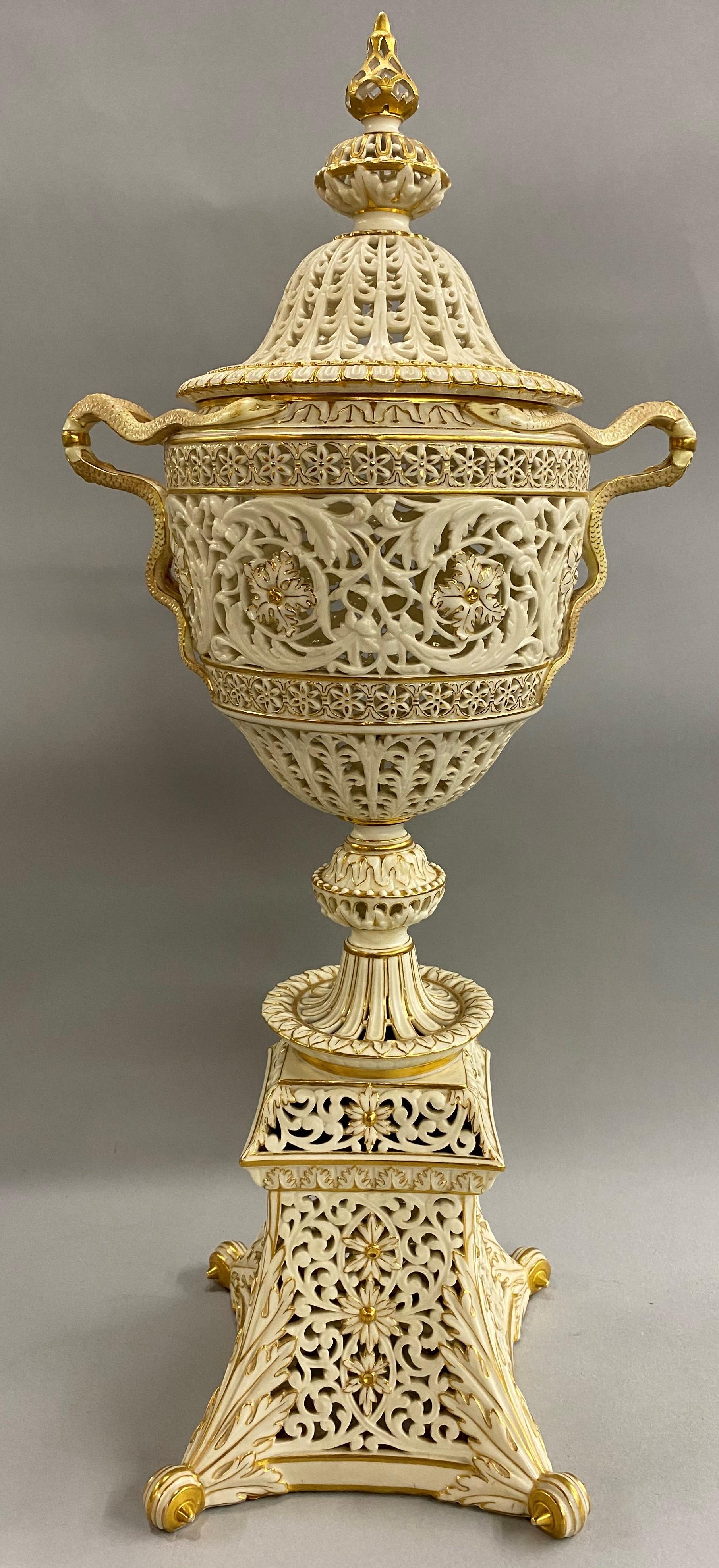 English Grainger Royal Worcester Gilt Ivory Porcelain Reticulated Urn 1