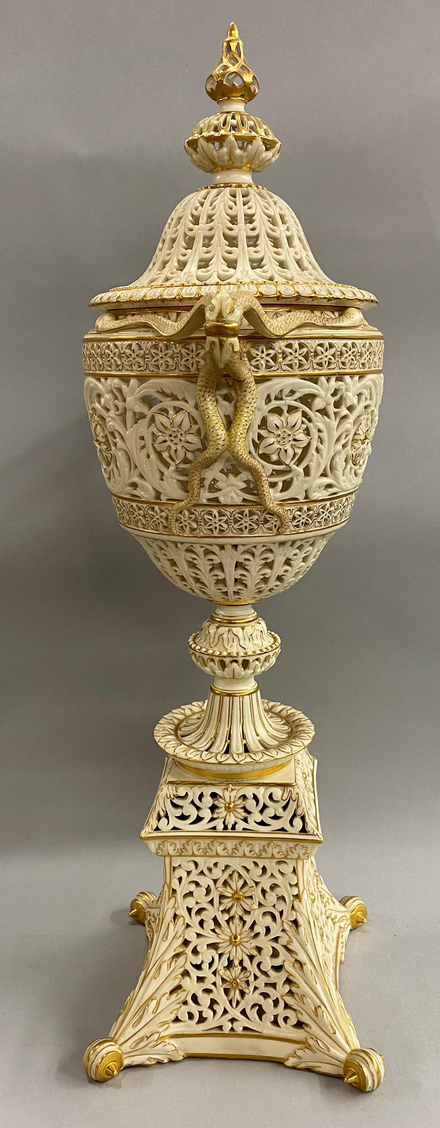 English Grainger Royal Worcester Gilt Ivory Porcelain Reticulated Urn 2